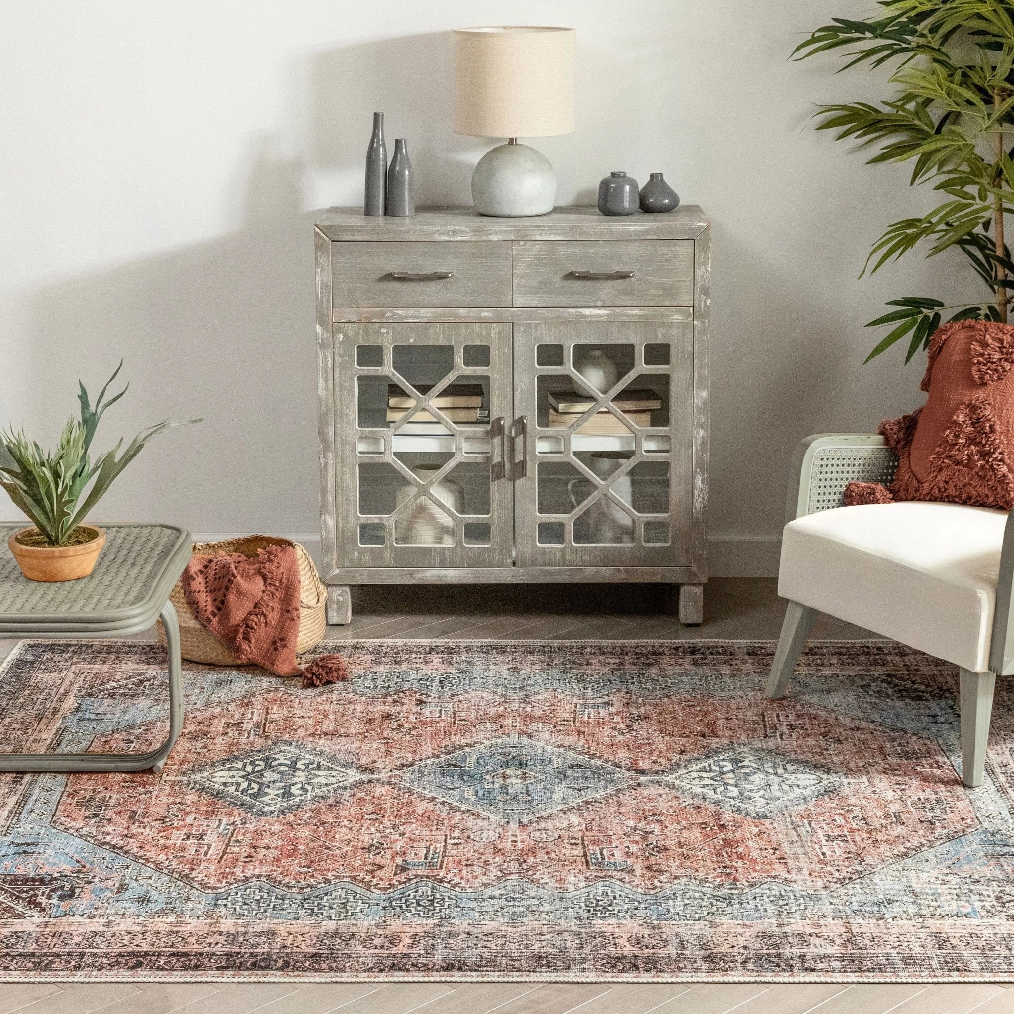 Menda Machine Washable Vintage Bohemian Meallion Oriental Light Blue Flat-Weave Distressed Rug Well Woven