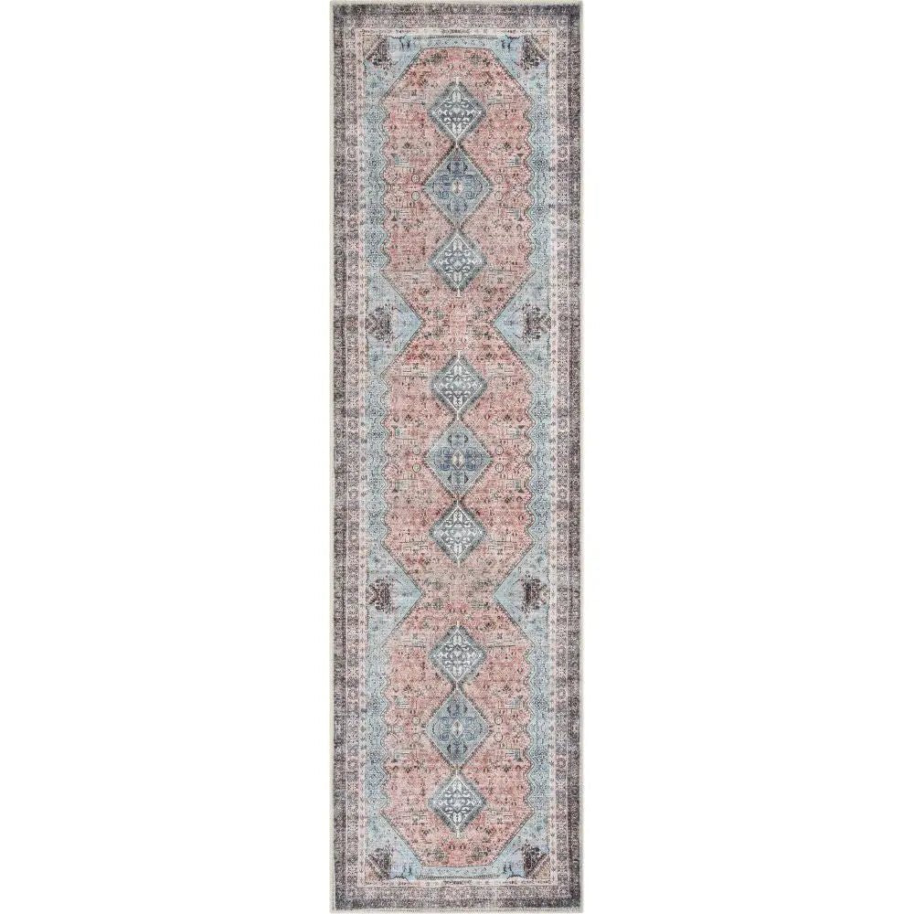 Menda Machine Washable Vintage Bohemian Meallion Oriental Light Blue Flat-Weave Distressed Rug Well Woven