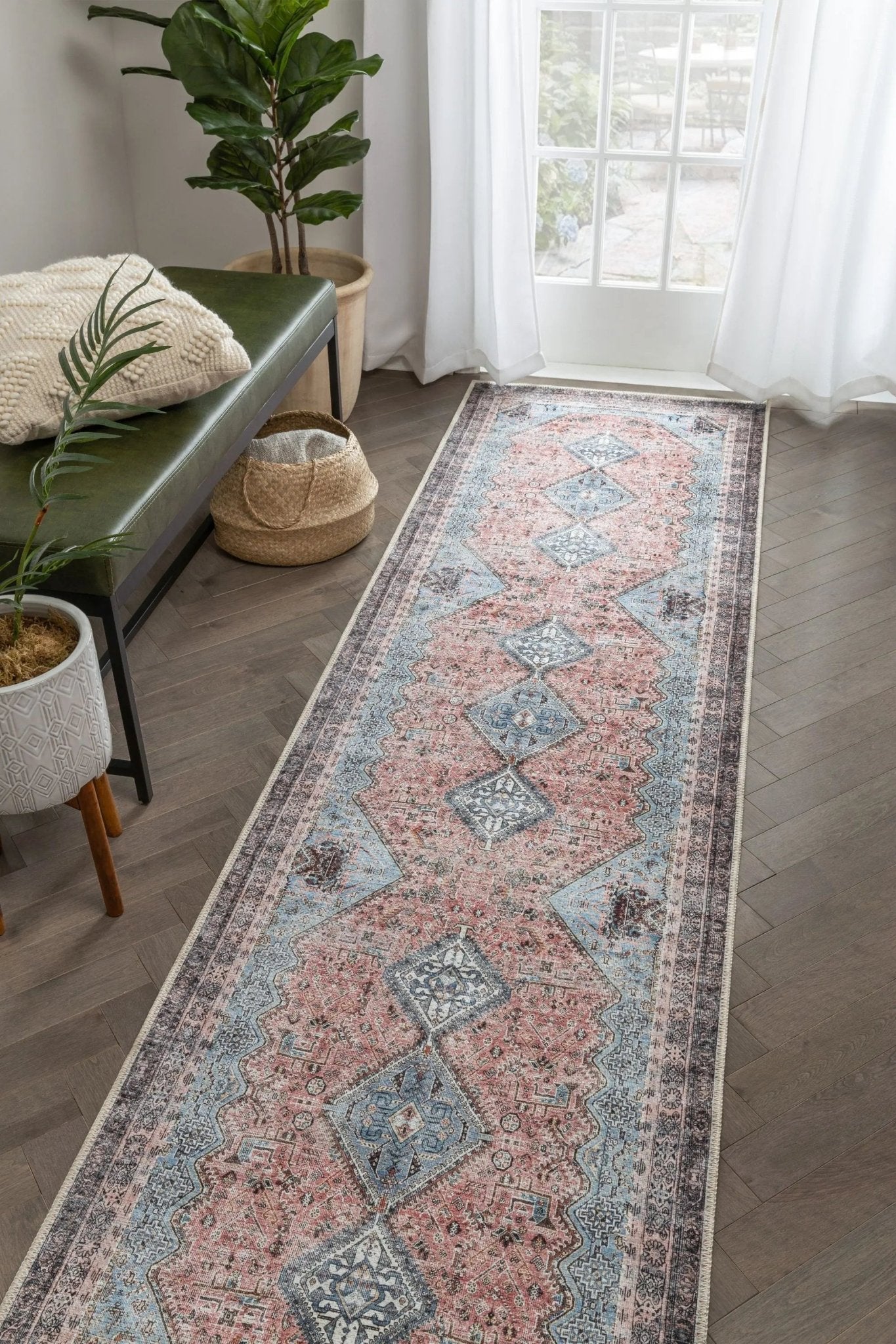 Menda Machine Washable Vintage Bohemian Meallion Oriental Light Blue Flat-Weave Distressed Rug Well Woven