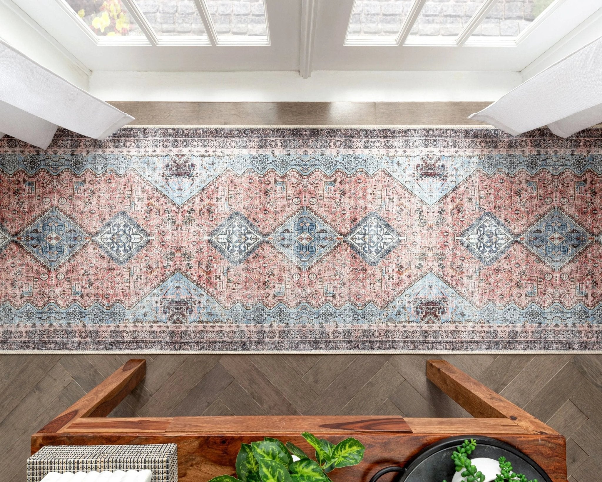 Menda Machine Washable Vintage Bohemian Meallion Oriental Light Blue Flat-Weave Distressed Rug Well Woven