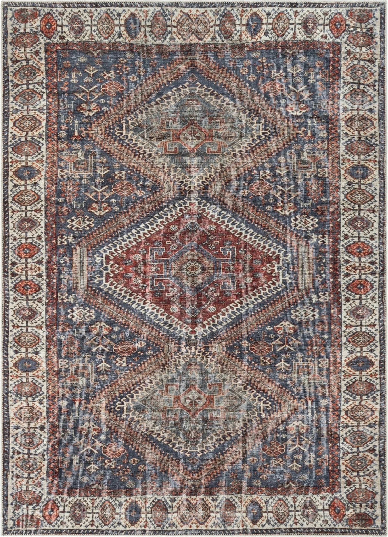 Ripon Machine Washable Vintage Medallion Botanical Border Blue Red Flat-Weave Distressed Rug Well Woven