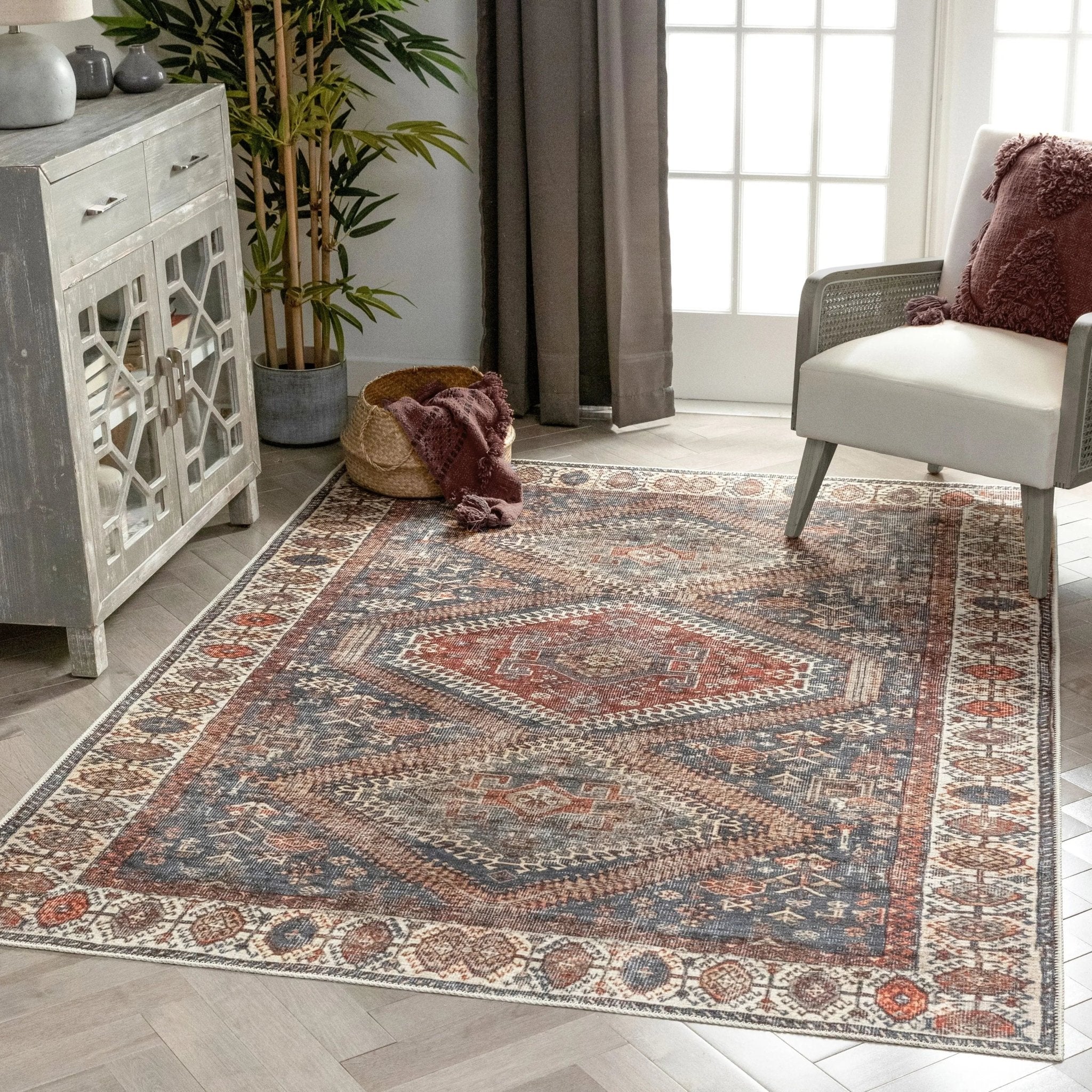 Ripon Machine Washable Vintage Medallion Botanical Border Blue Red Flat-Weave Distressed Rug Well Woven