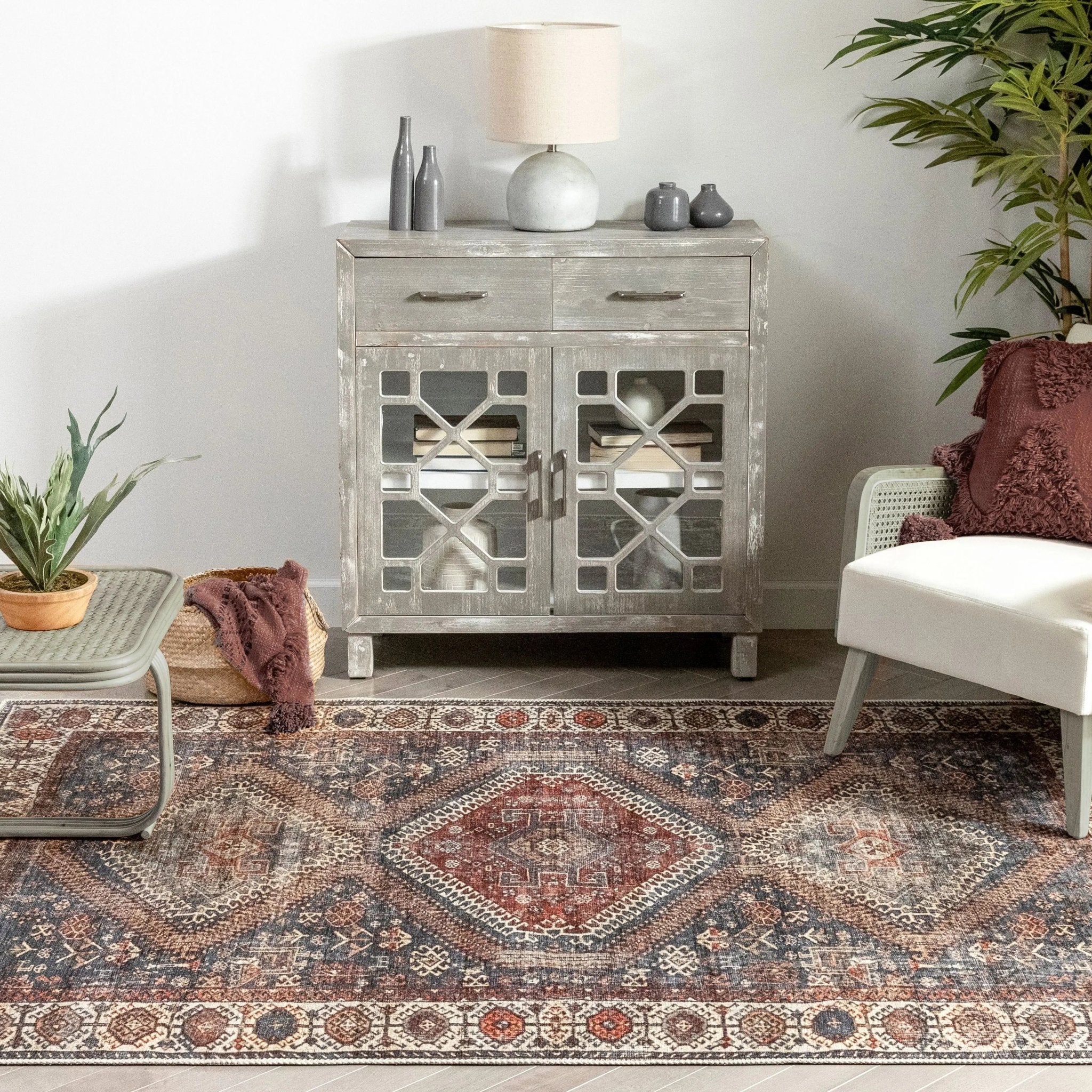 Ripon Machine Washable Vintage Medallion Botanical Border Blue Red Flat-Weave Distressed Rug Well Woven