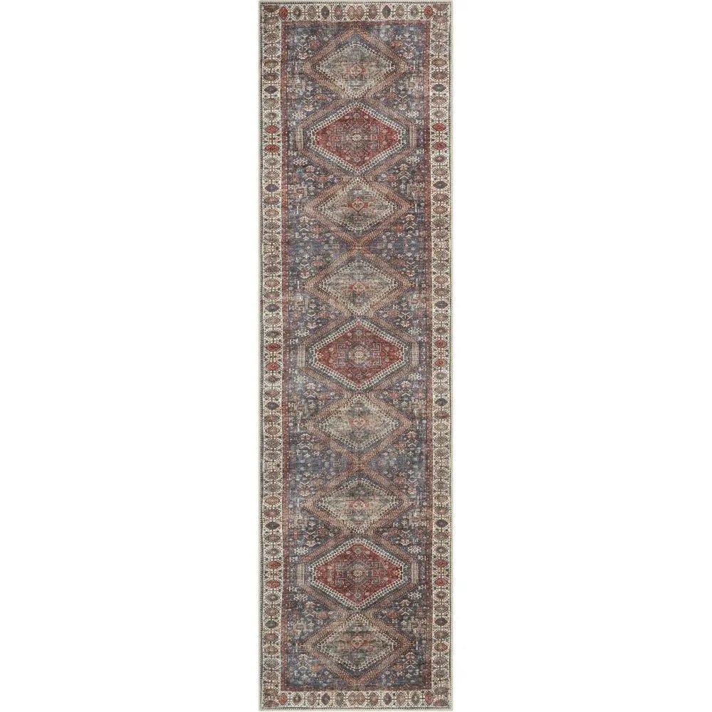 Ripon Machine Washable Vintage Medallion Botanical Border Blue Red Flat-Weave Distressed Rug Well Woven
