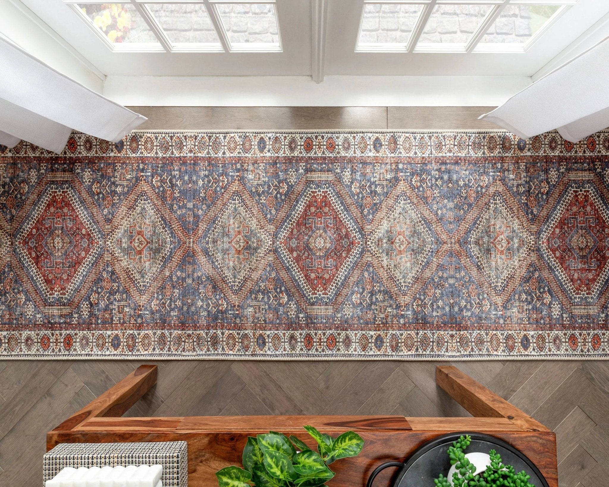 Ripon Machine Washable Vintage Medallion Botanical Border Blue Red Flat-Weave Distressed Rug Well Woven