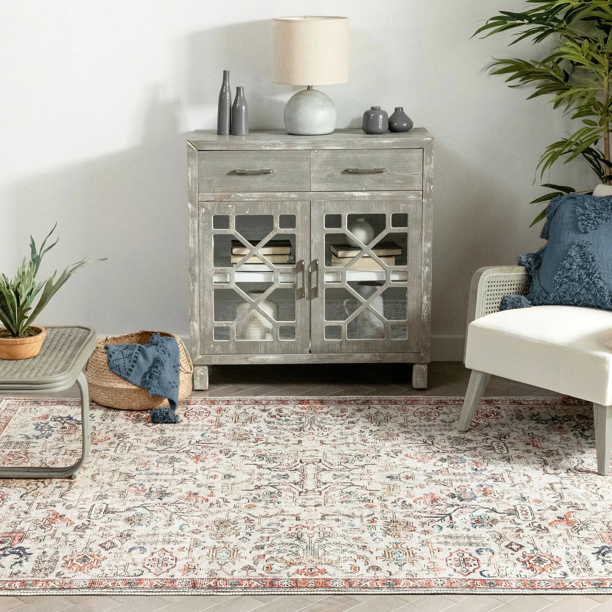 Pomona Machine Washable Vintage Medallion Botanical Border Ivory Flat-Weave Distressed Rug Well Woven