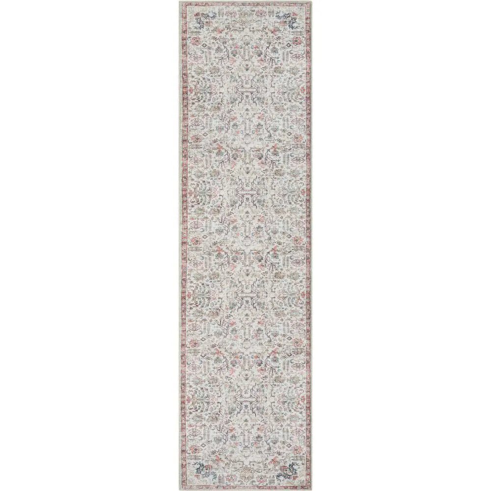 Pomona Machine Washable Vintage Medallion Botanical Border Ivory Flat-Weave Distressed Rug Well Woven