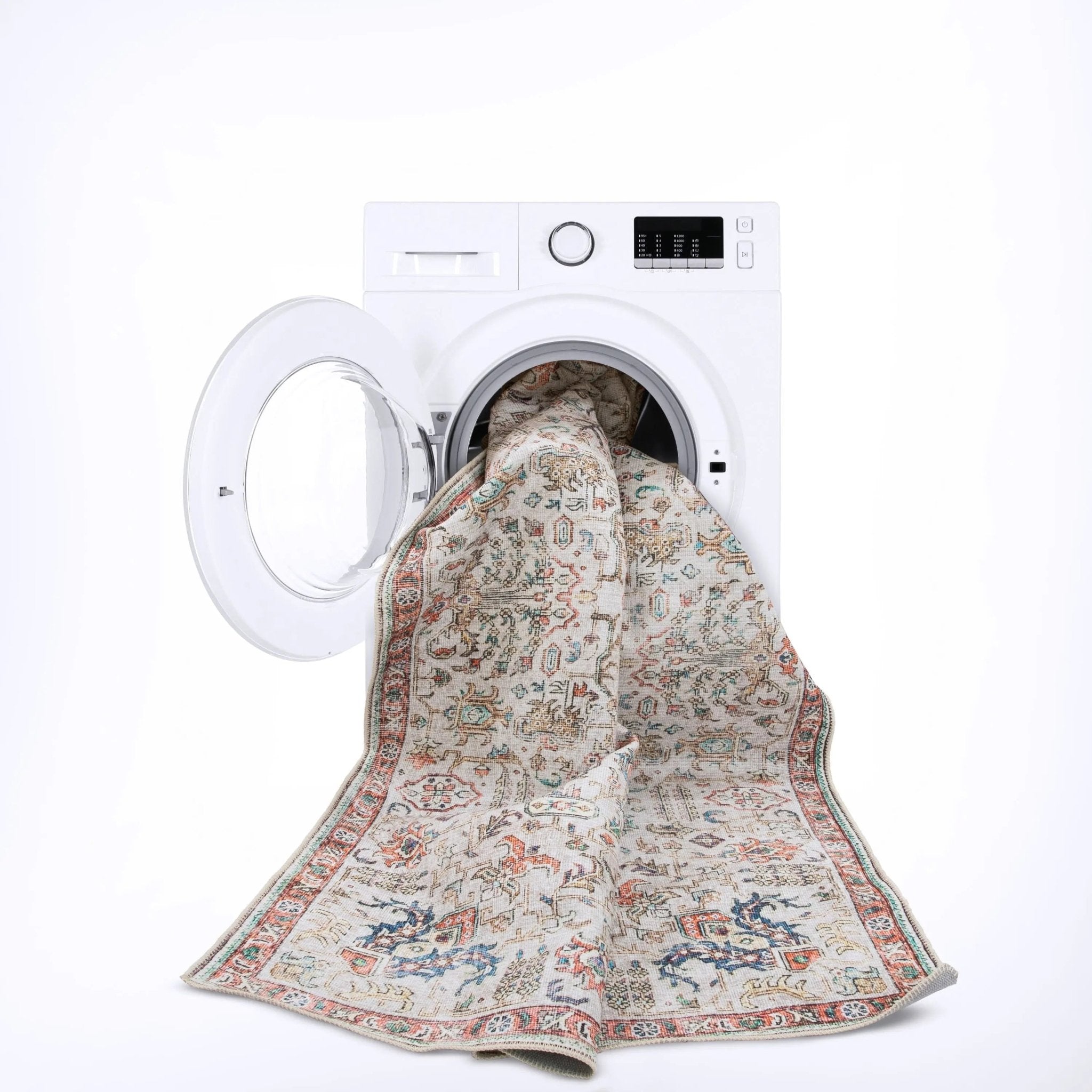 Pomona Machine Washable Vintage Medallion Botanical Border Ivory Flat-Weave Distressed Rug Well Woven