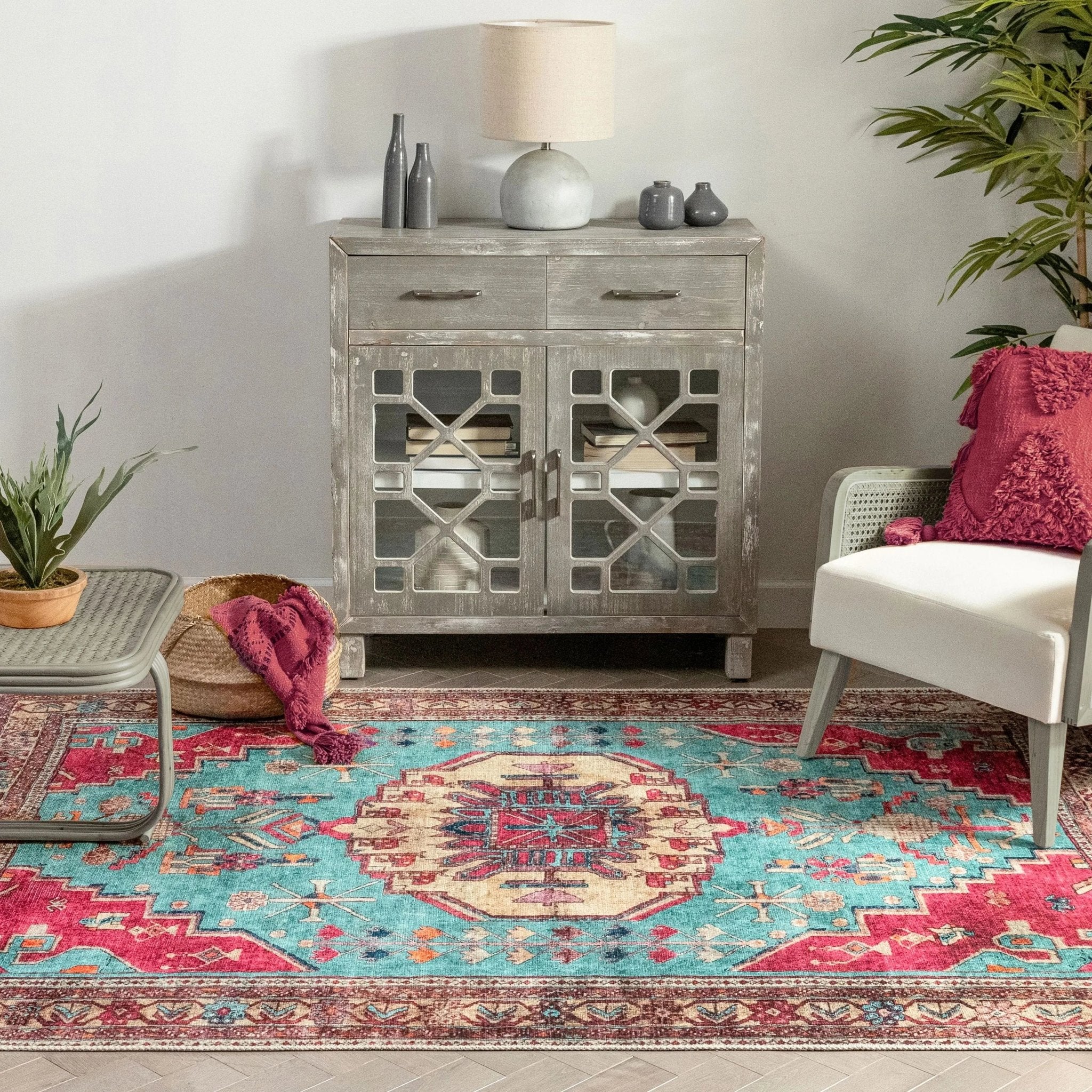 Shasta Machine Washable Vintage Bohemian Medallion Persian Blush Turquoise Flat-Weave Distressed Rug Well Woven