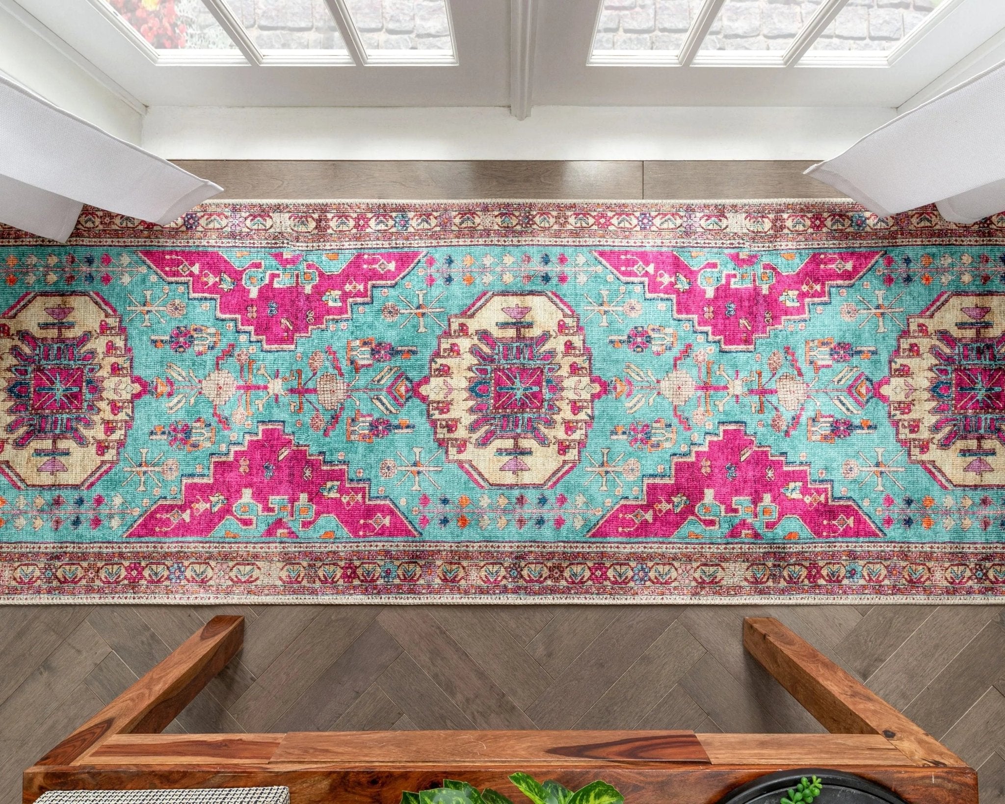 Shasta Machine Washable Vintage Bohemian Medallion Persian Blush Turquoise Flat-Weave Distressed Rug Well Woven