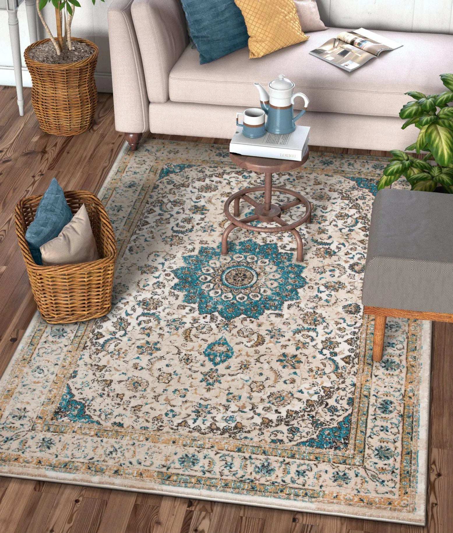 Mahal Beige Vintage Medallion Rug Well Woven