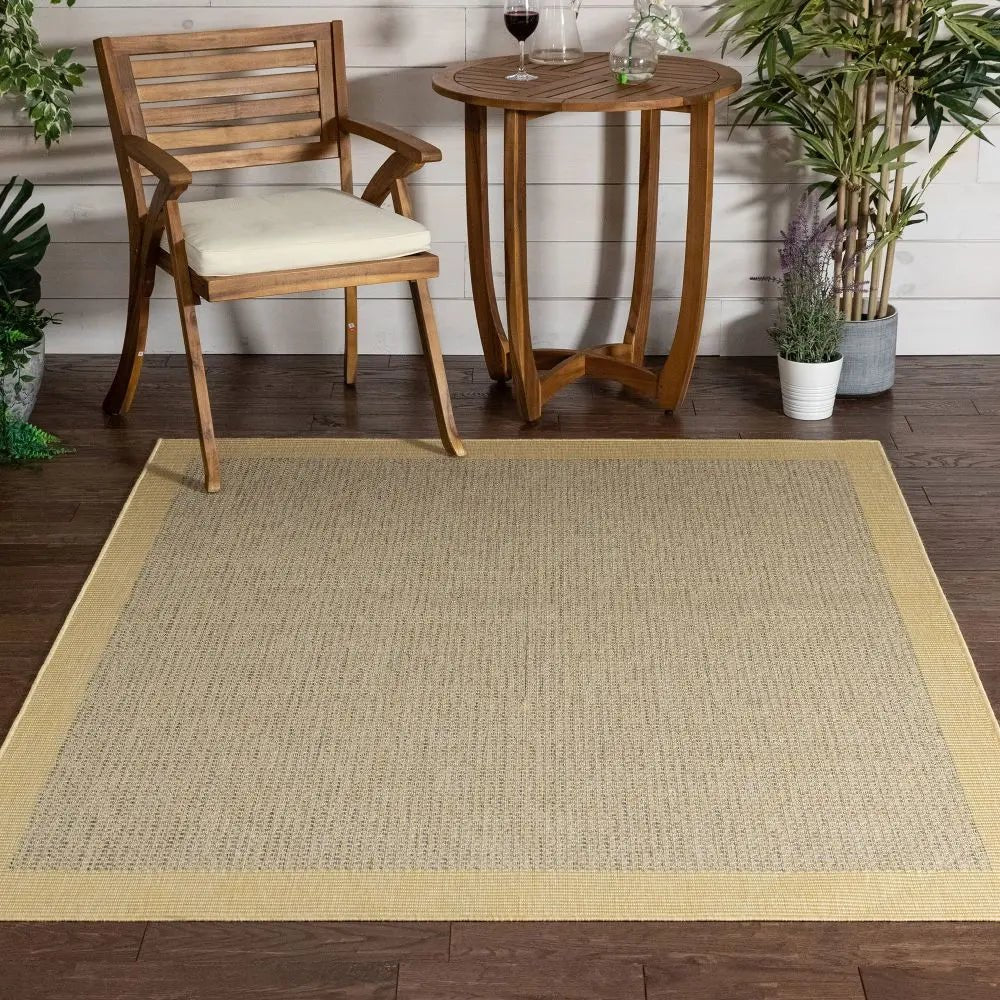 Odin Solid & Striped Border Indoor Outdoor Yellow Flatweave Rug Well Woven