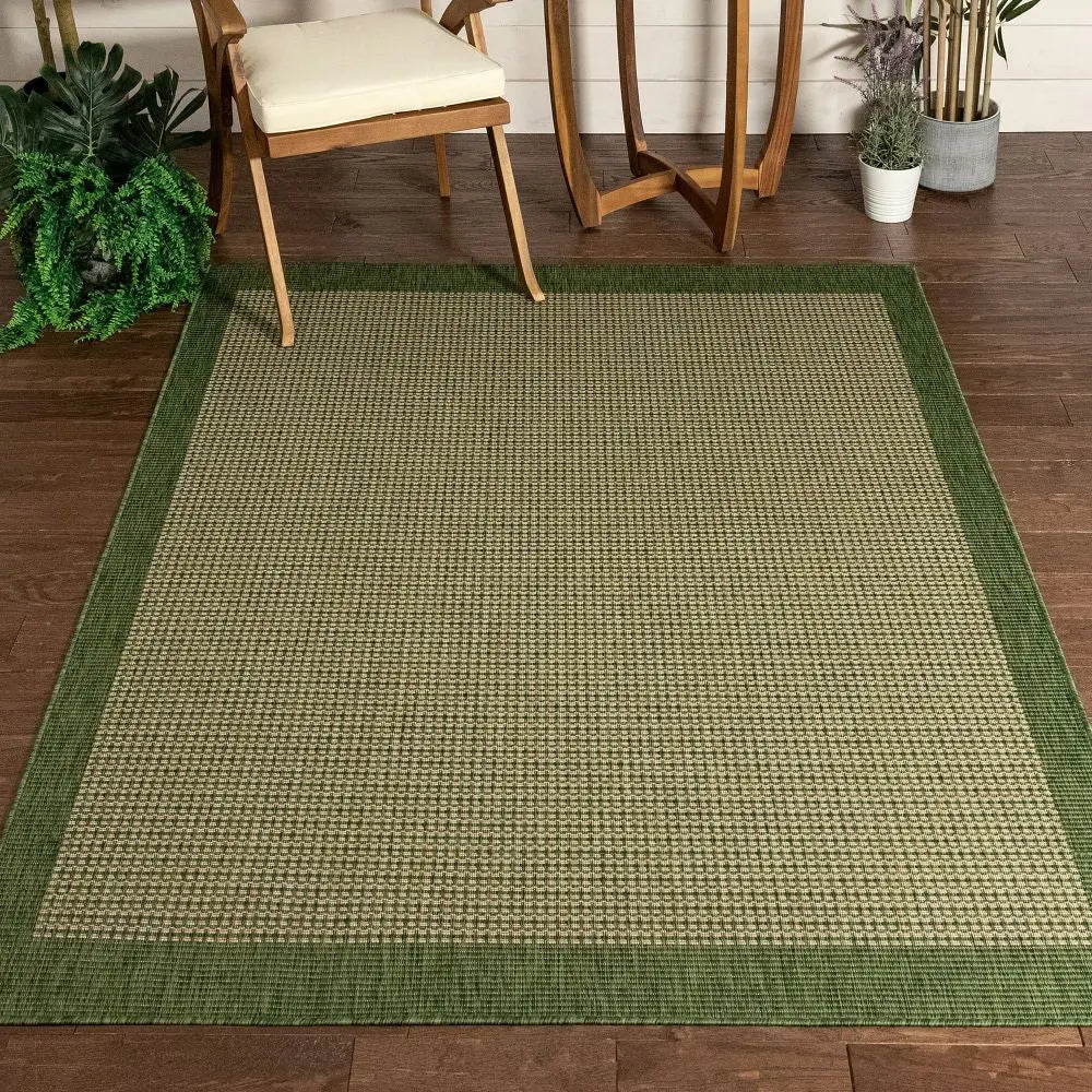 Odin Solid & Striped Border Indoor Outdoor Green Flatweave Rug Well Woven
