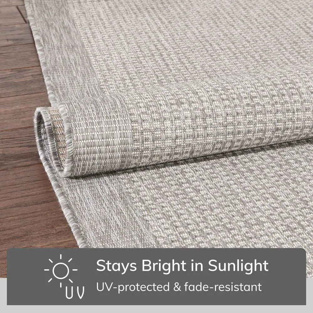 Odin Solid & Striped Border Indoor Outdoor Grey Ivory Flatweave Rug Well Woven