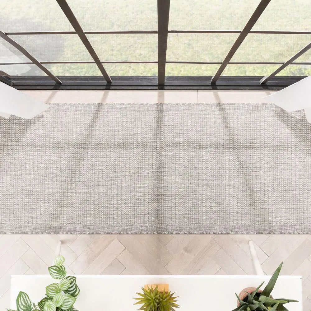 Odin Solid & Striped Border Indoor Outdoor Grey Ivory Flatweave Rug Well Woven