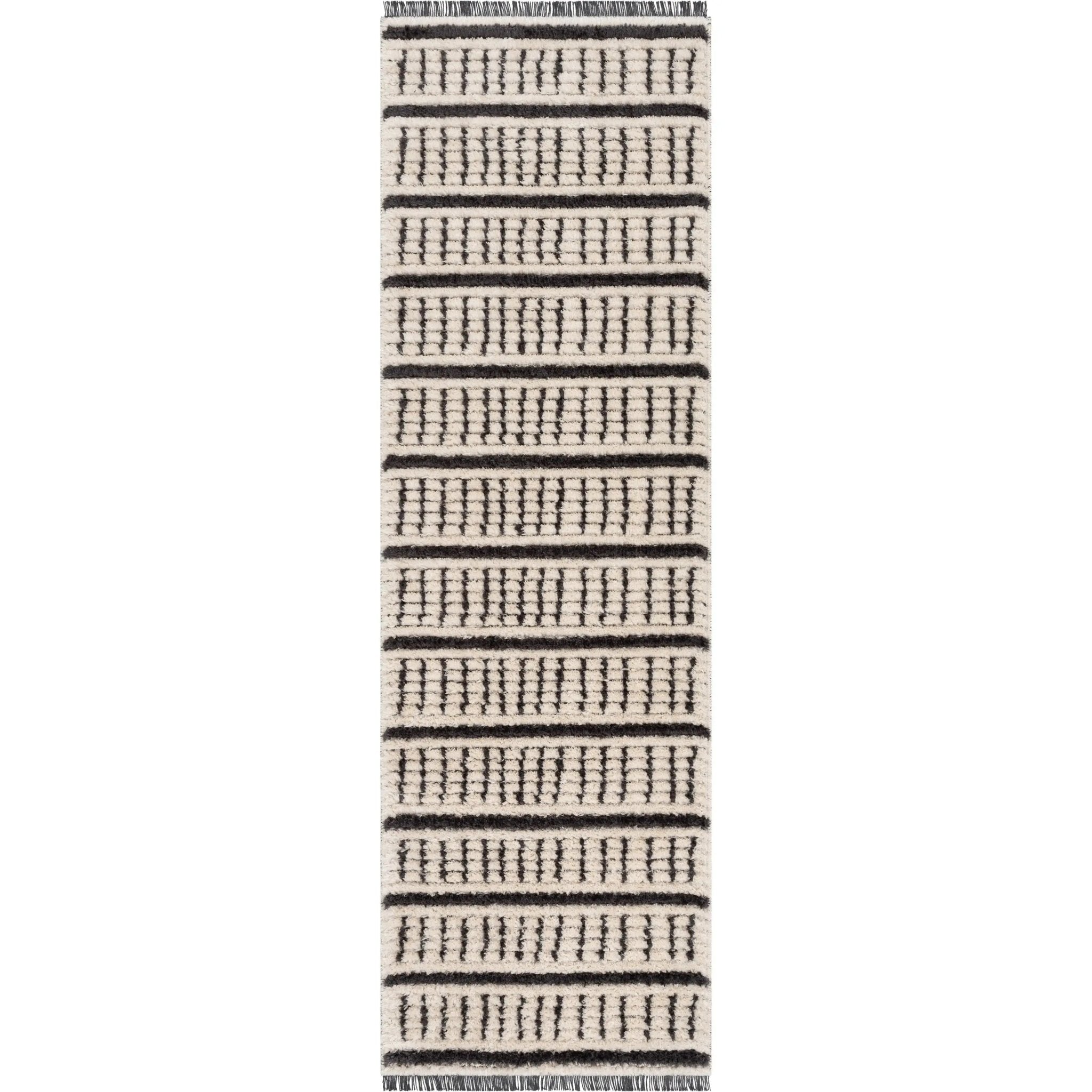 Viho Tribal Geometric Stripes Ivory High-Low Textured Pile Rug Well Woven