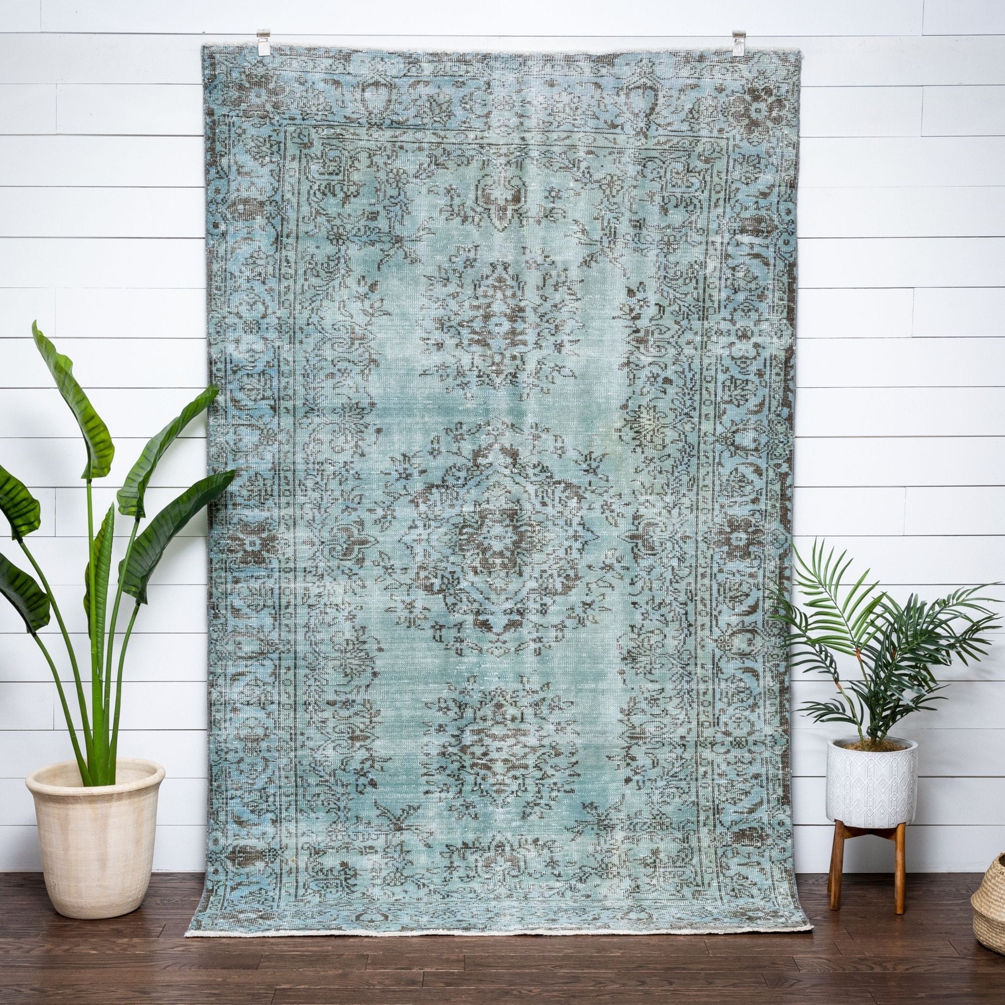 Ekrem Light Blue Overdyed Floral Pattern One-of-a-Kind Handmade Wool Area Rug 5'8" x 9' Well Woven