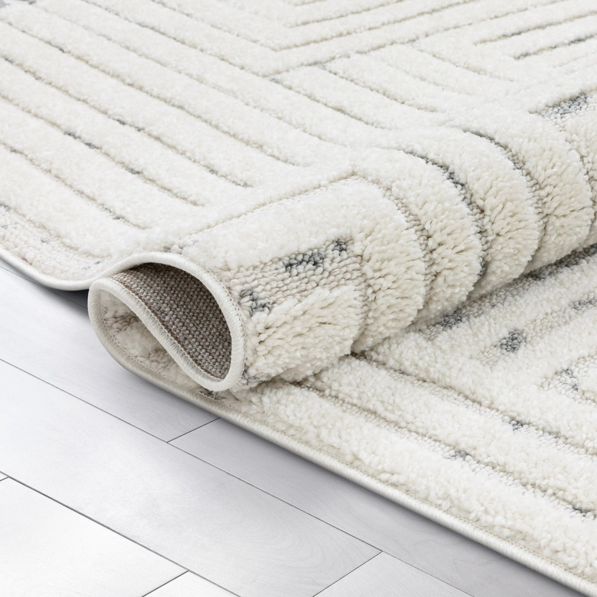 Gianna Modern Geometric Stripes Cream Grey High-Low Textured Rug Well Woven