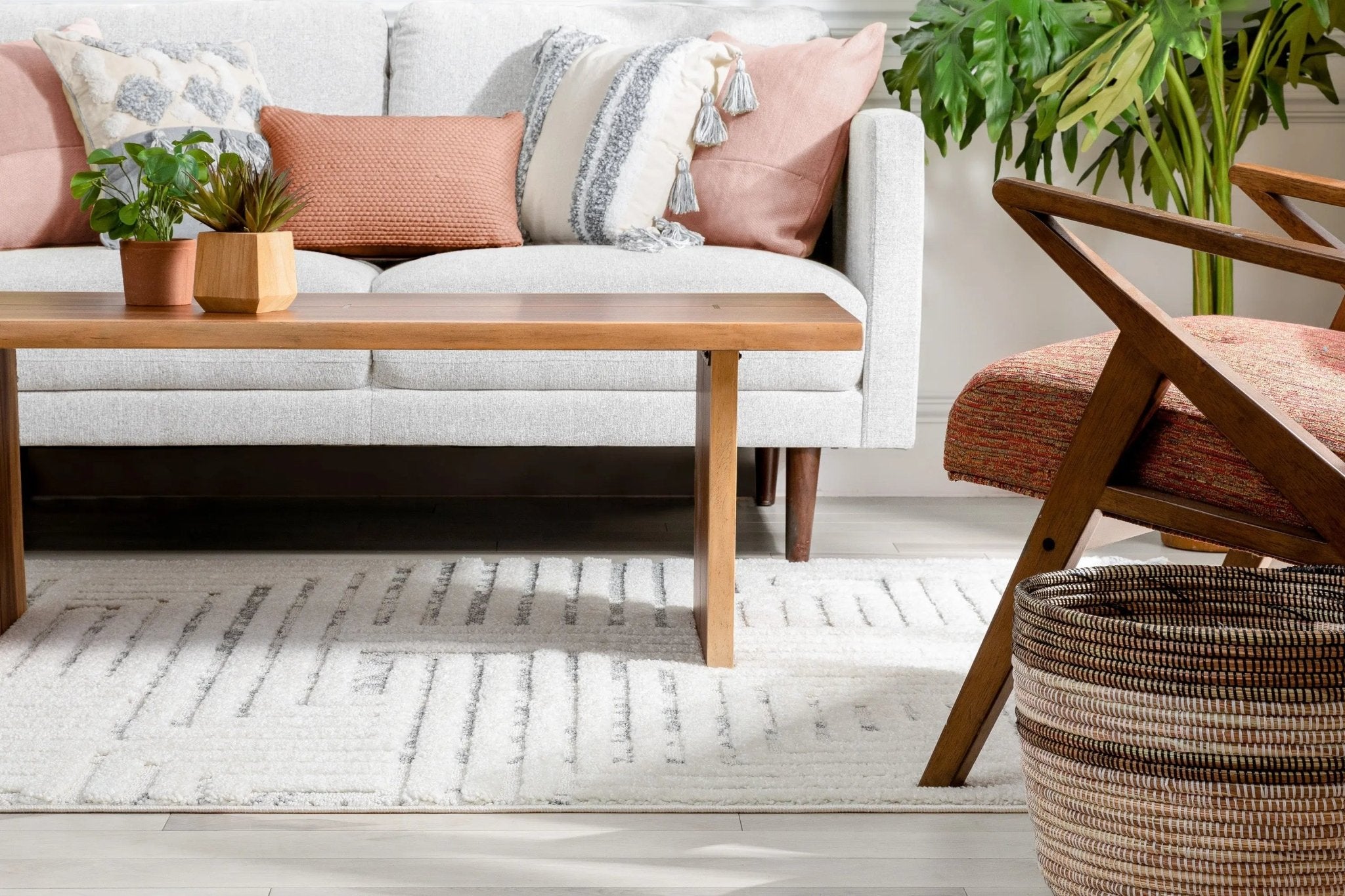 Gianna Modern Geometric Stripes Cream Grey High-Low Textured Rug Well Woven