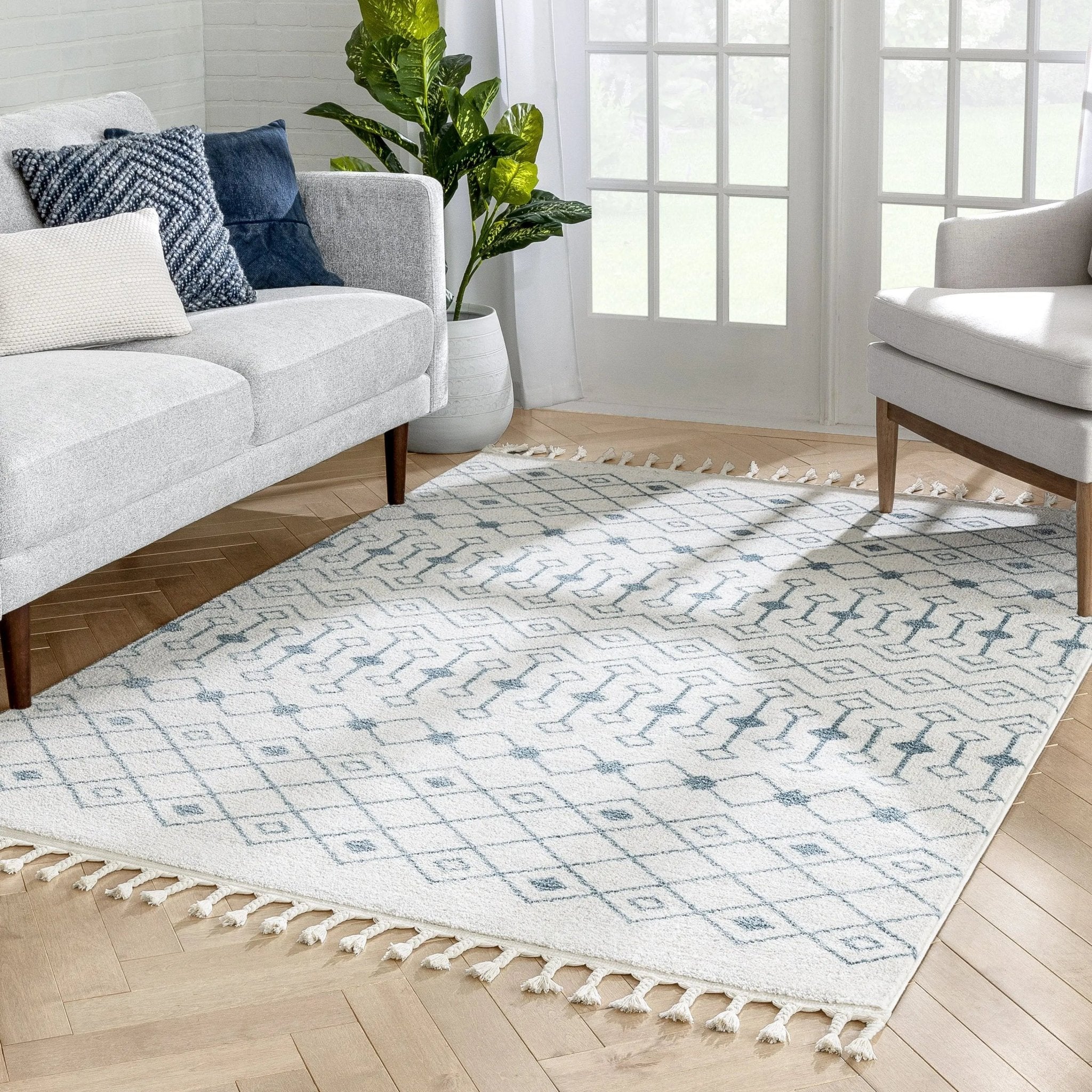 Transistora Nordic Tribal Trellis Pattern Light Blue Ivory Rug Well Woven