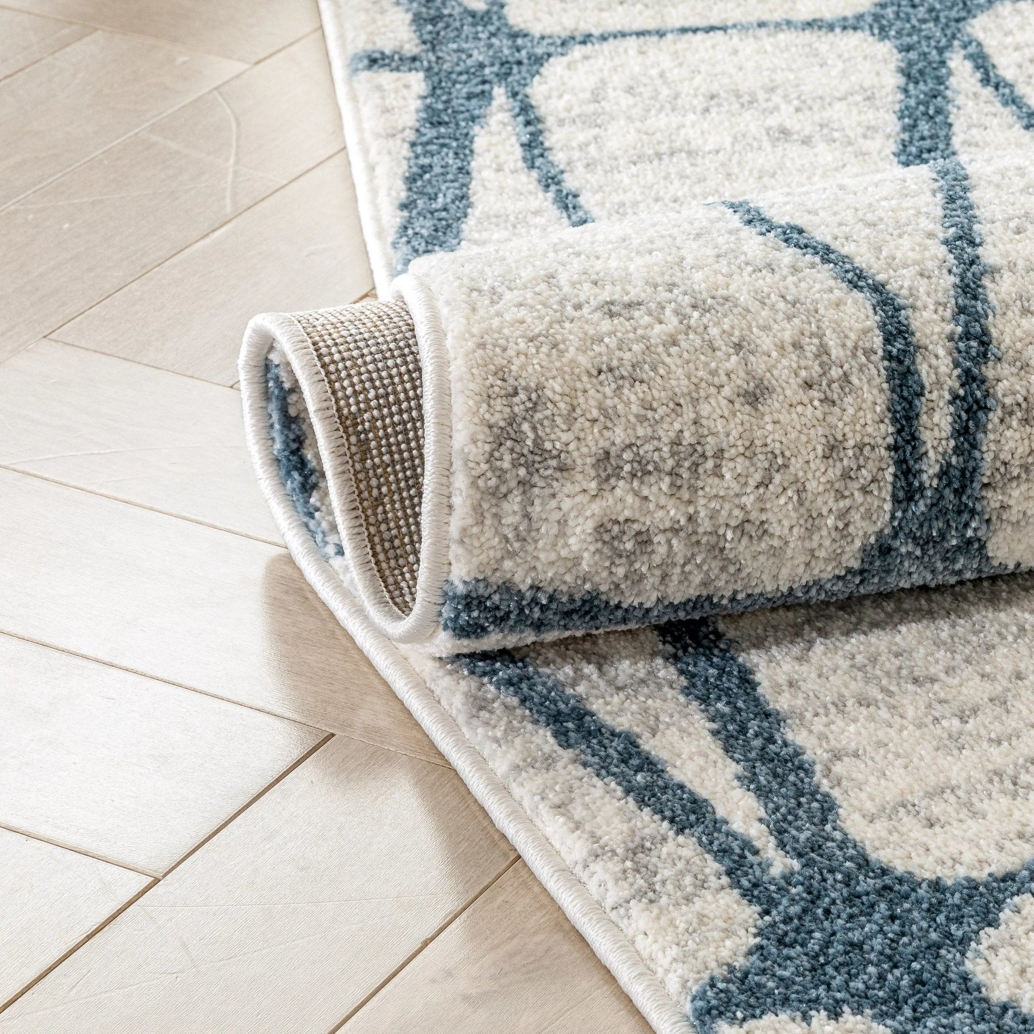 Crisscross Nordic Geometric Pattern Blue Ivory Rug Well Woven