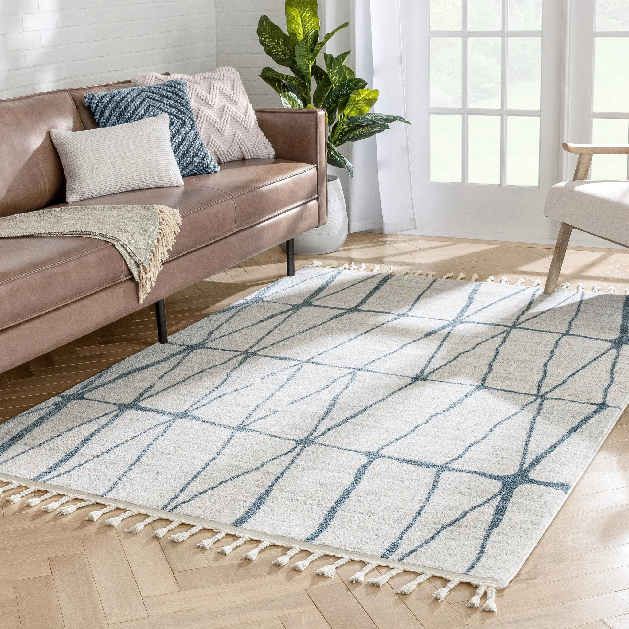 Crisscross Nordic Geometric Pattern Blue Ivory Rug Well Woven