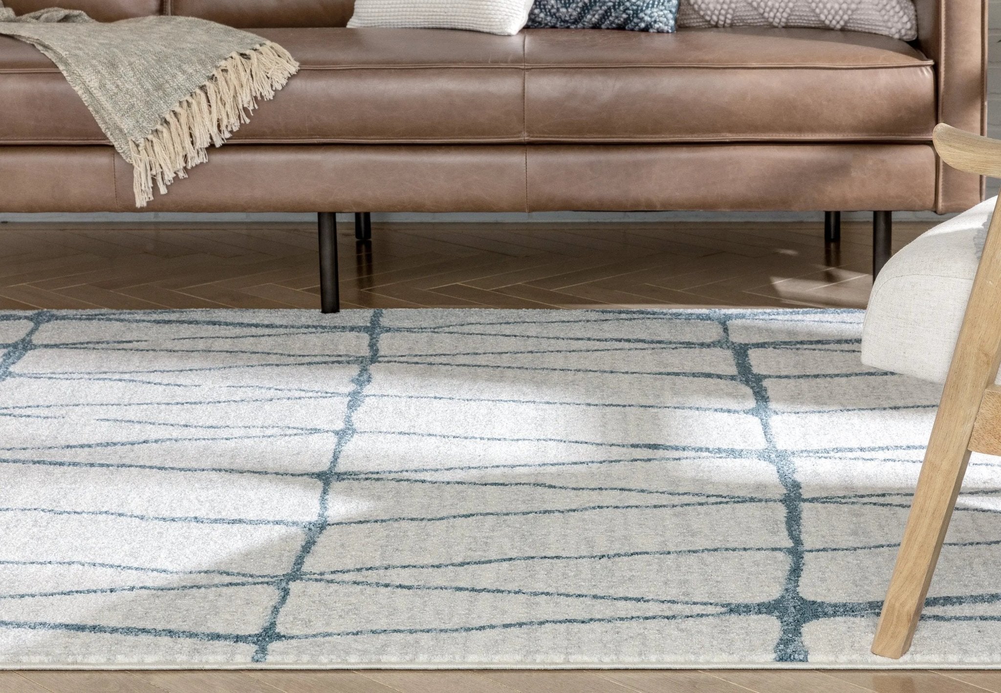 Crisscross Nordic Geometric Pattern Blue Ivory Rug Well Woven