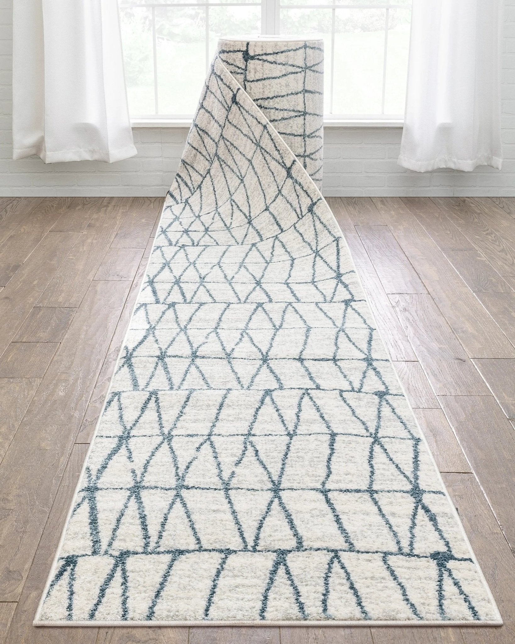Custom Size Runner Crisscross Retro Geometric Pattern Blue Ivory 27 Inch Width x Choose Your Length Hallway Runner Rug Well Woven