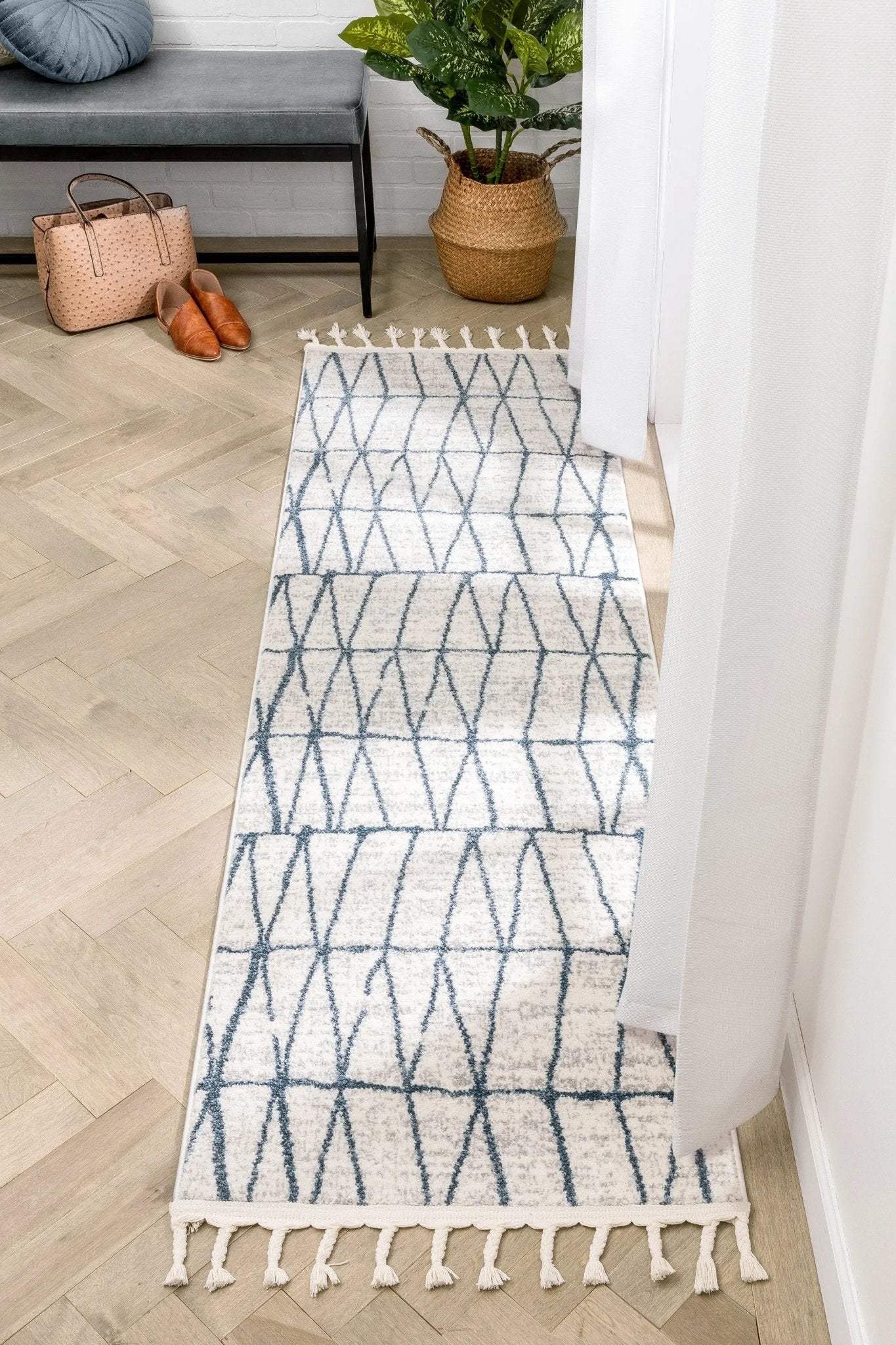 Crisscross Nordic Geometric Pattern Blue Ivory Rug Well Woven