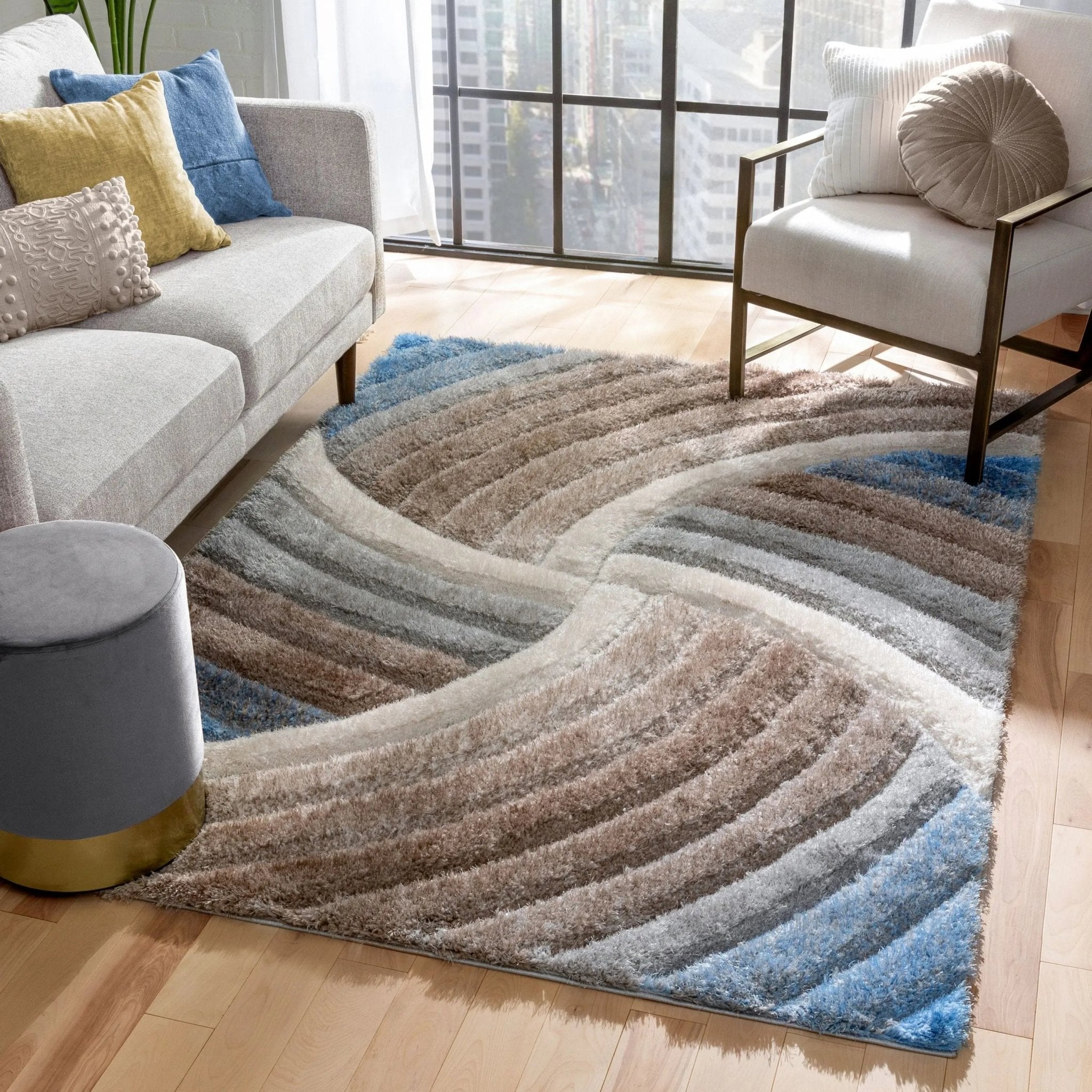Ucci  Modern Modern Geometric Shag Beige  3D Textured Thick & Soft Shag Rug Well Woven