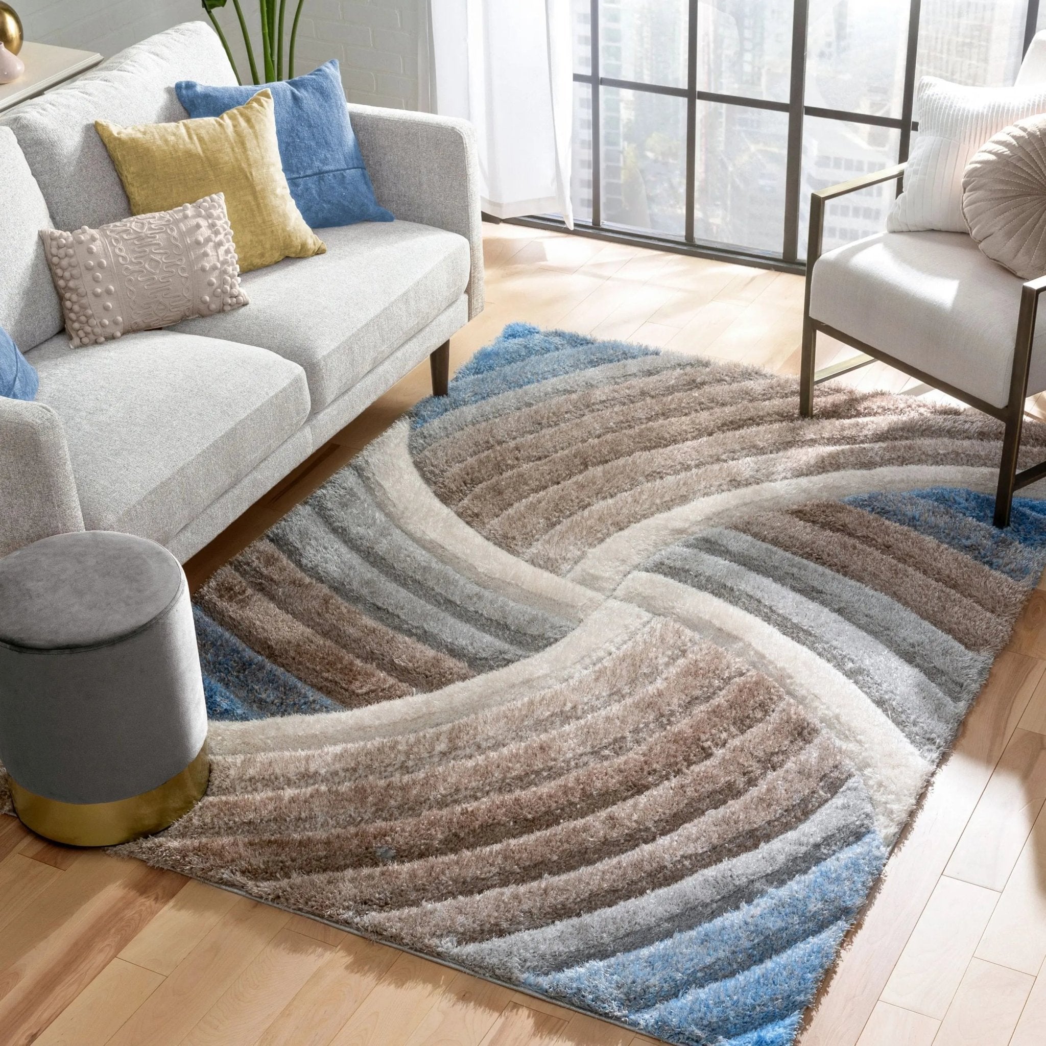 Ucci  Modern Modern Geometric Shag Beige  3D Textured Thick & Soft Shag Rug Well Woven