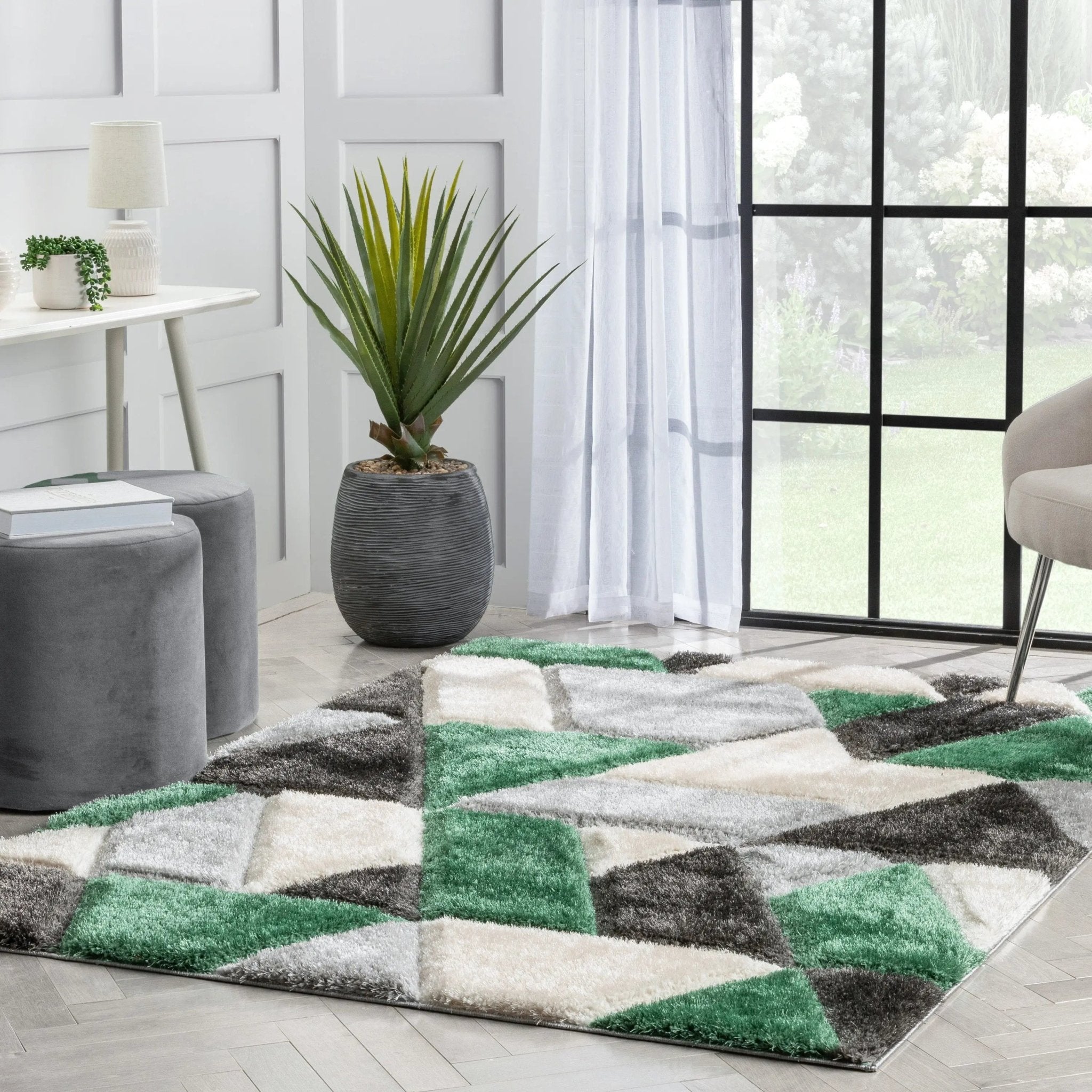 Holland Modern Geometric Green 3D Textured Thick & Soft Shag Rug Well Woven