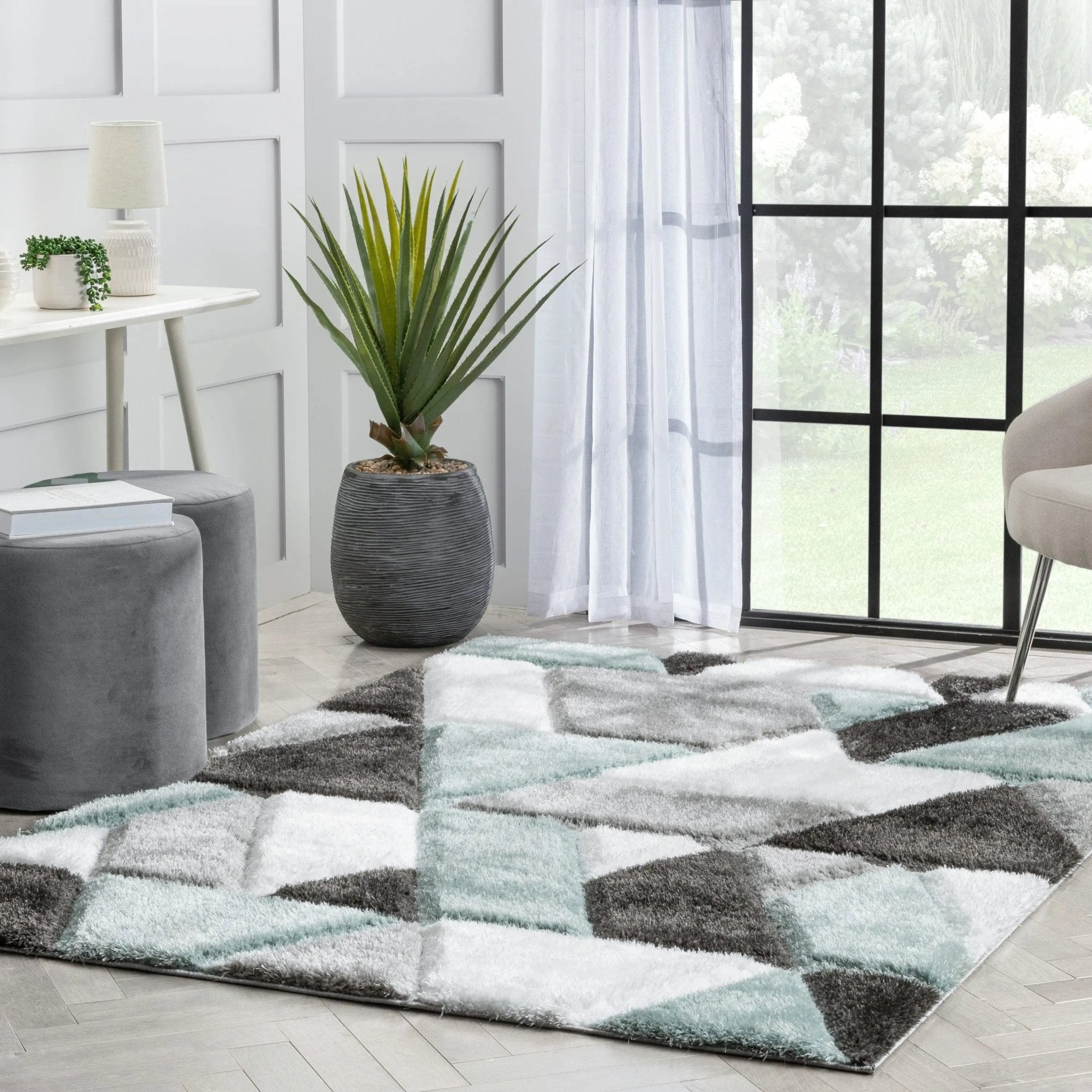 Holland Modern Geometric Light Blue 3D Textured Thick & Soft Shag Rug Well Woven