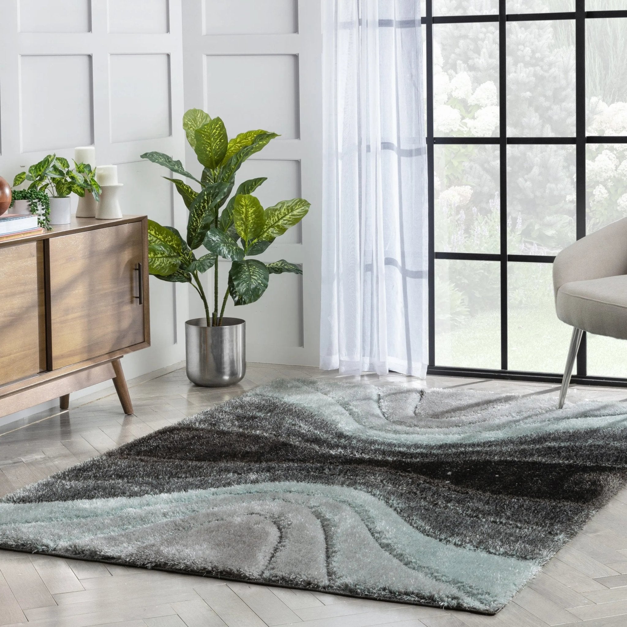 Luz Modern Geometric Light Blue 3D Textured Thick & Soft Shag Rug Well Woven