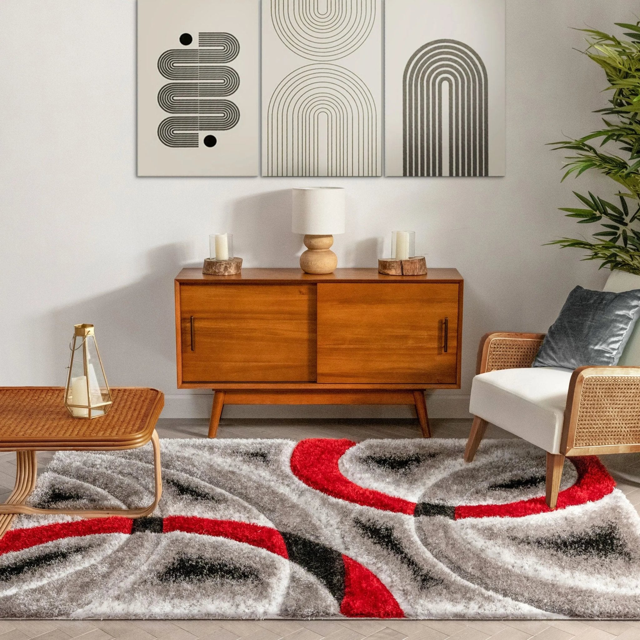Oahu Red Modern Geometric 3D Textured Shag 5'3" x 7'3" Rug Well Woven