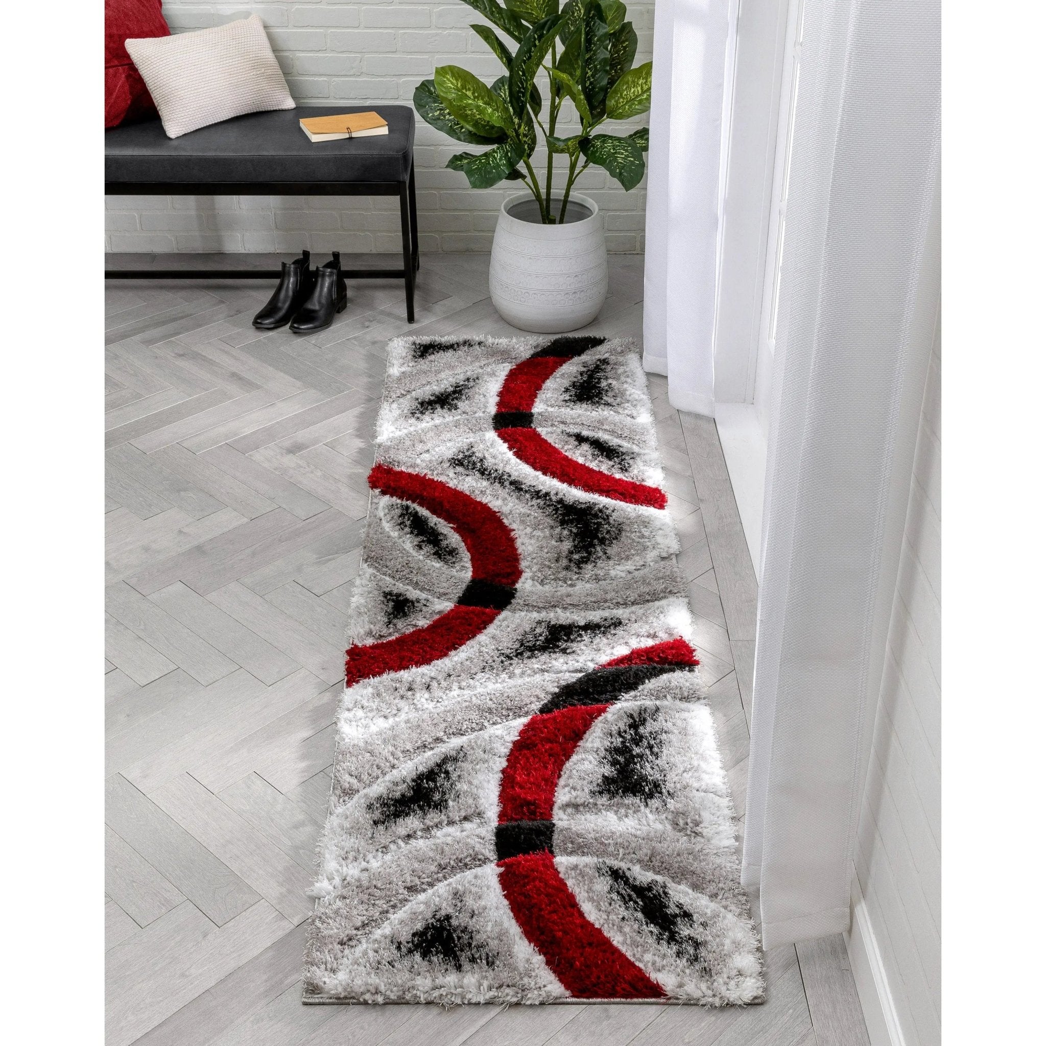 Oahu Red Modern Geometric 3D Textured Shag 5'3" x 7'3" Rug Well Woven
