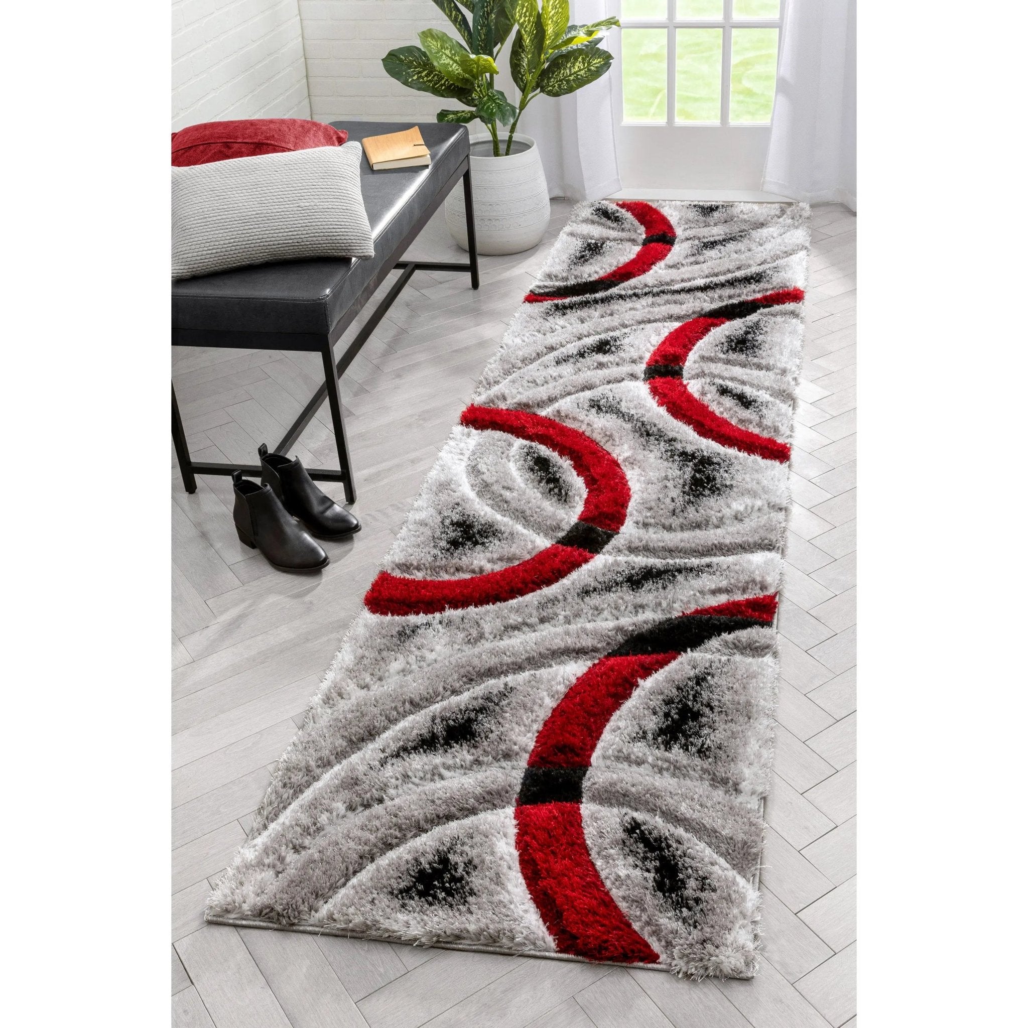 Oahu Red Modern Geometric 3D Textured Shag 5'3" x 7'3" Rug Well Woven