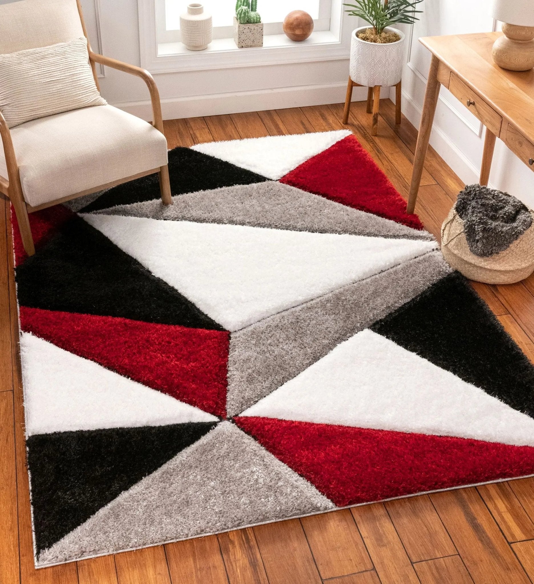 Venice Red Modern Geometric 3D Textured Shag Rug Well Woven