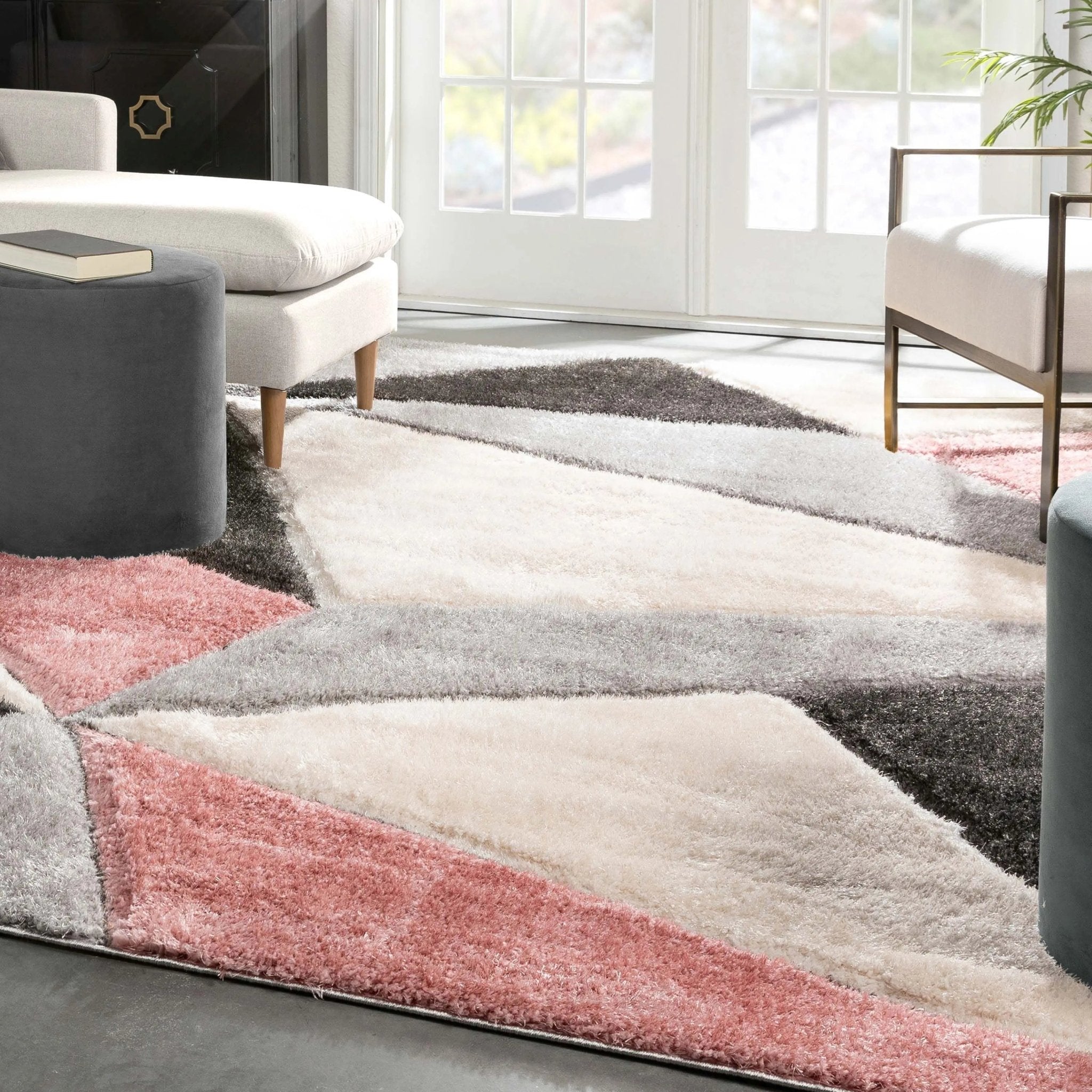 Venice Blush Modern Geometric 3D Textured Shag Rug Well Woven