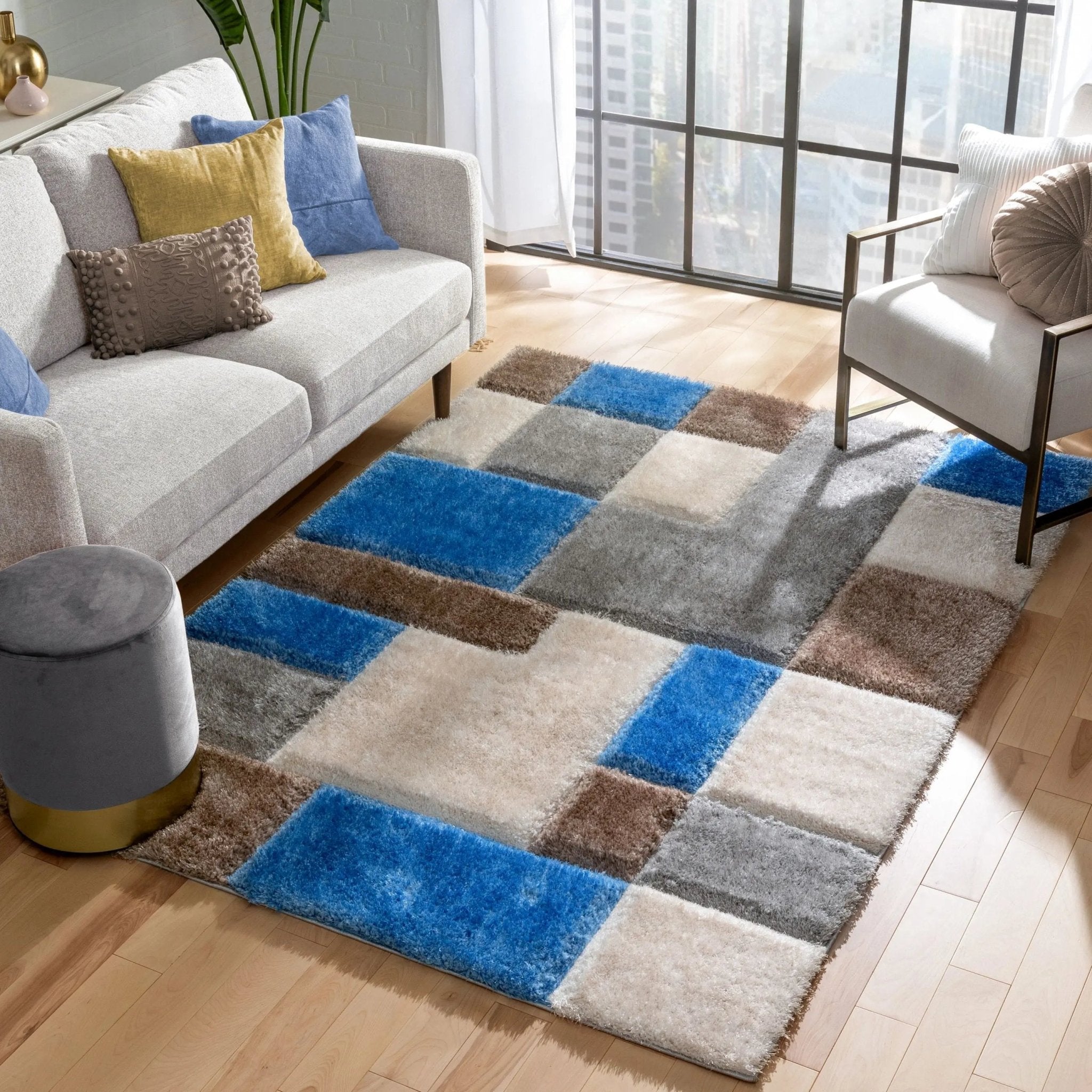 Escondido  Modern Geometric Boxes Shag Light Blue 3D Textured Thick & Soft Shag Rug Well Woven