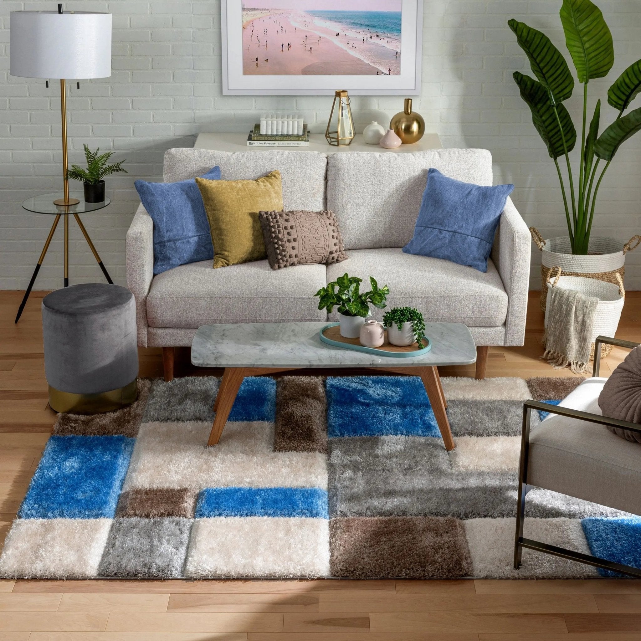 Escondido  Modern Geometric Boxes Shag Light Blue 3D Textured Thick & Soft Shag Rug Well Woven