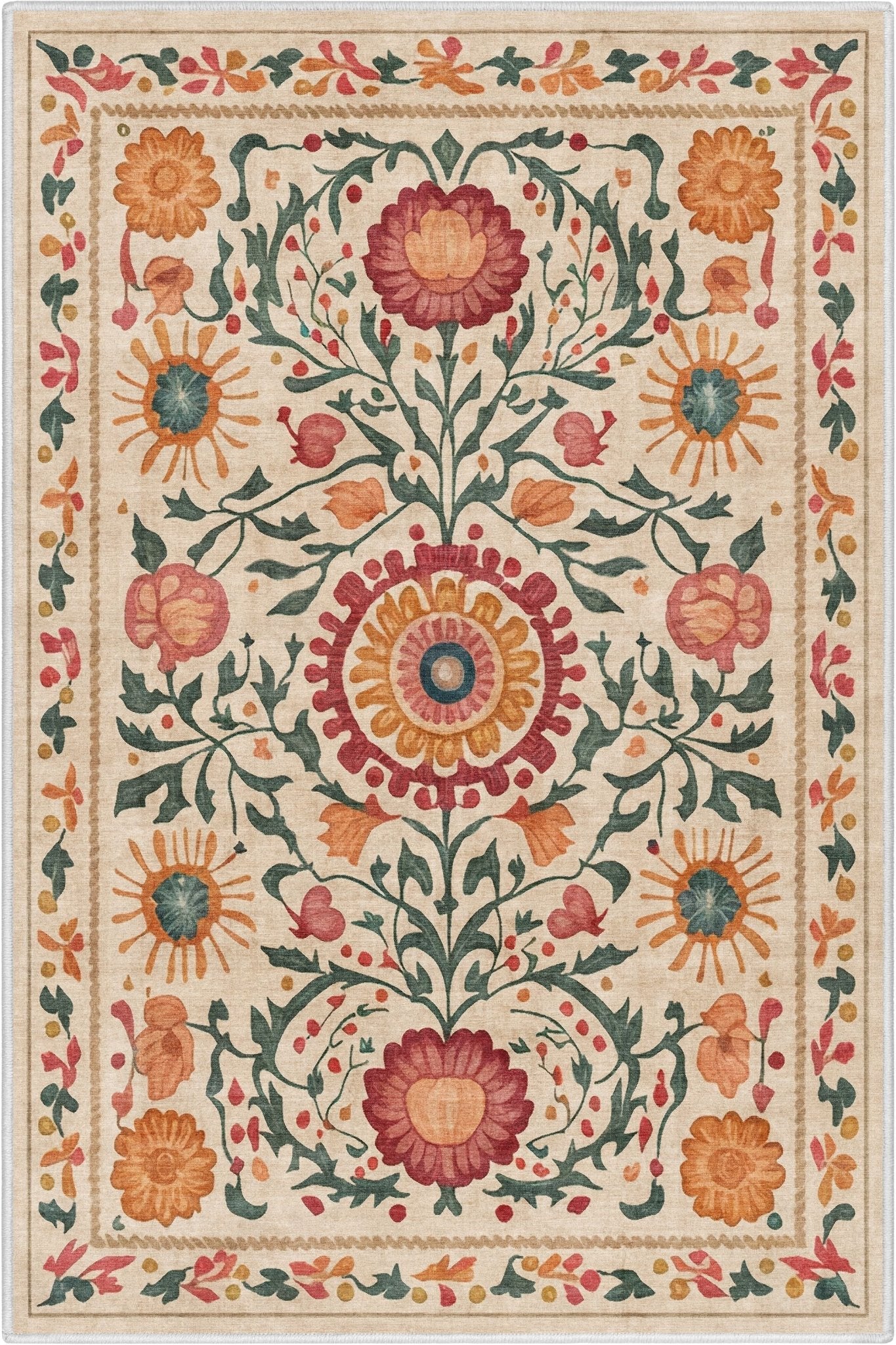 Full product image of the 3x5 Apollo Botanical Suzani Beige Washable Rug showing the complete layout and central medallion.