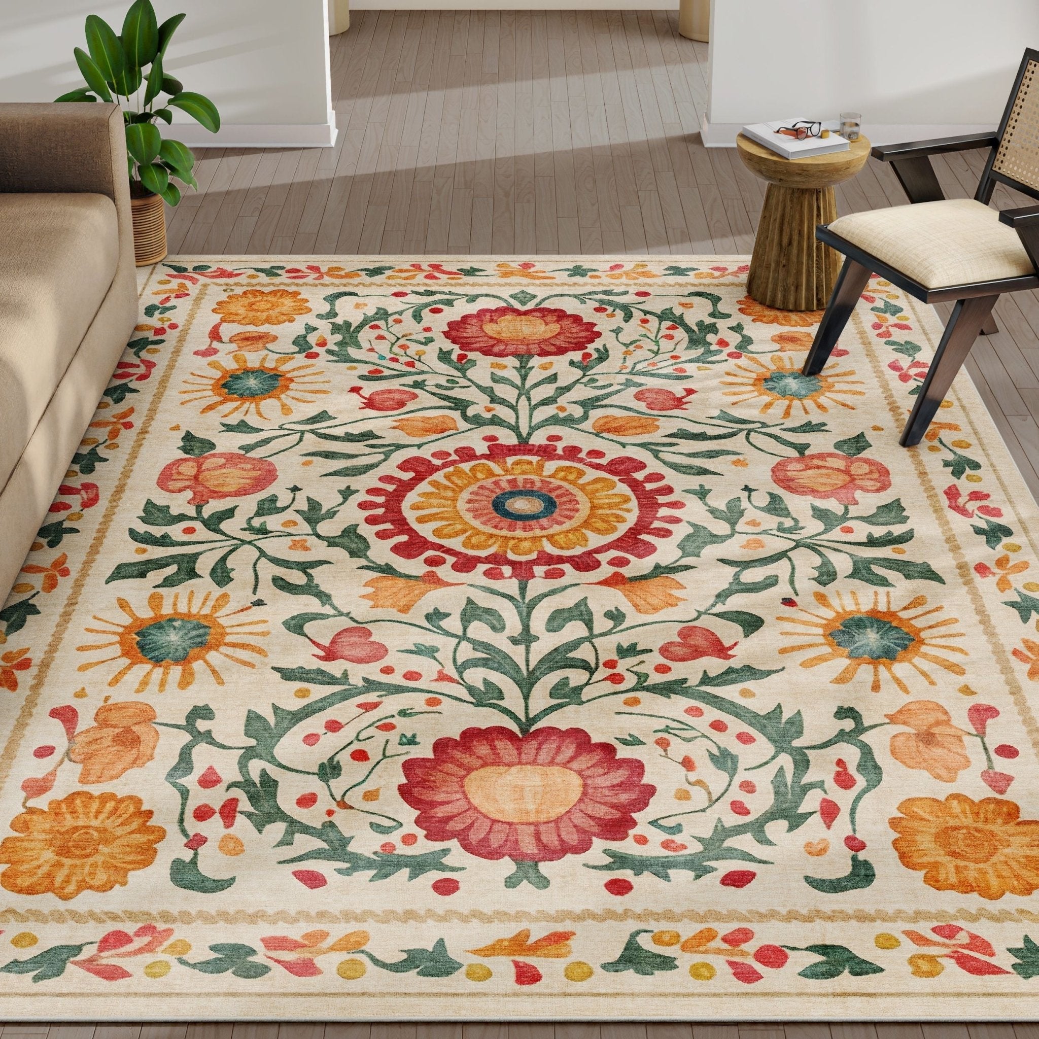 Apollo Botanical Suzani Beige Rug displayed in a cozy seating area with chairs and a small table.