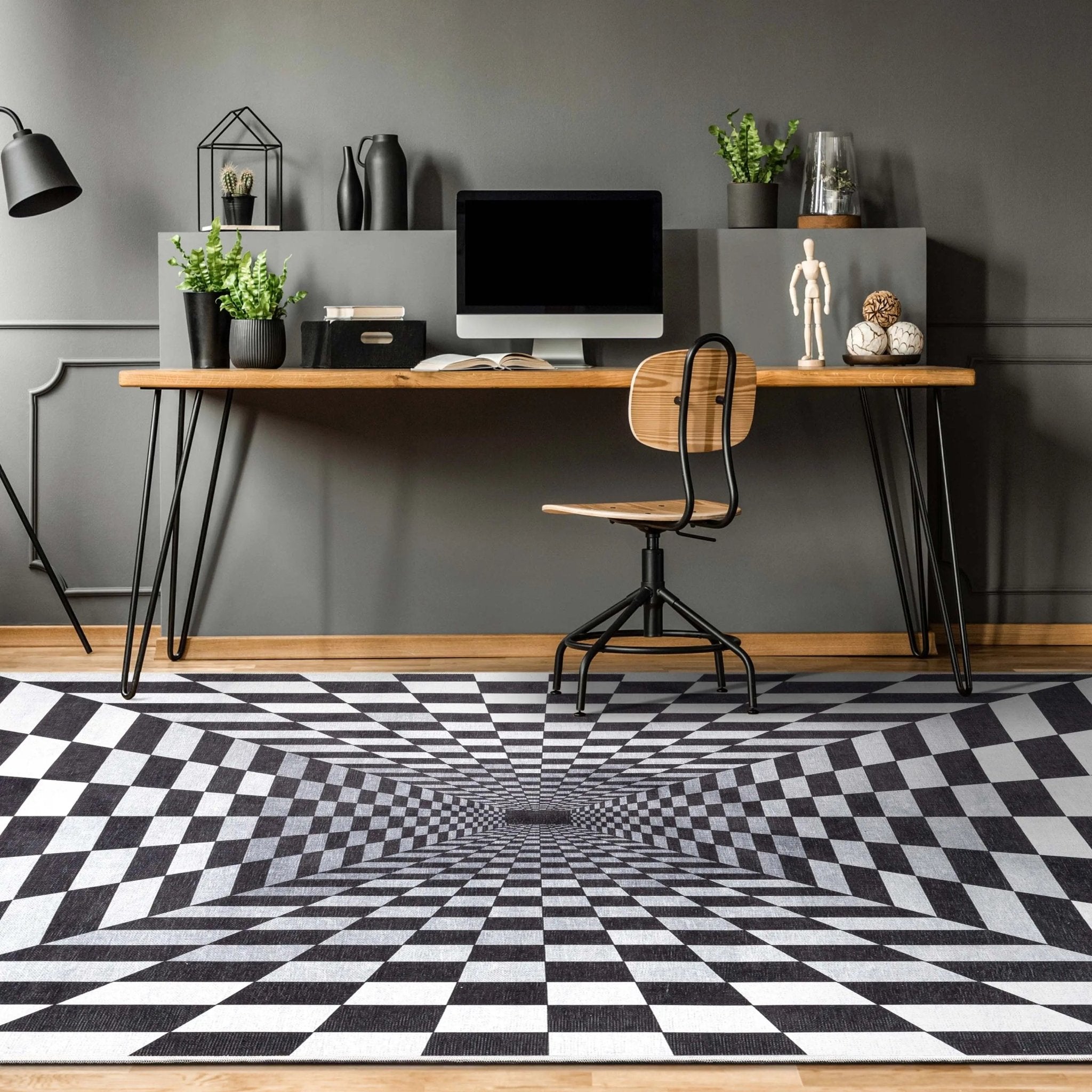 Warp Bottomless Hole 3D Geometric Black Ivory Area Flat-Weave Rug Well Woven