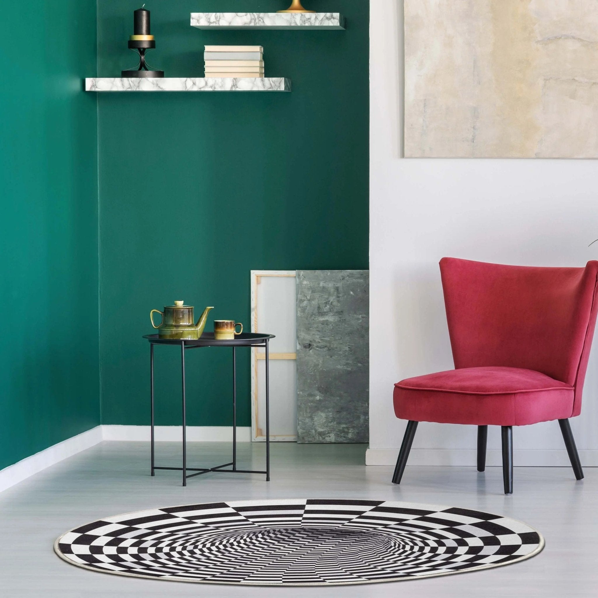 Vortex 3D Bottomless Hole Black Ivory Area Flat-Weave Rug Well Woven