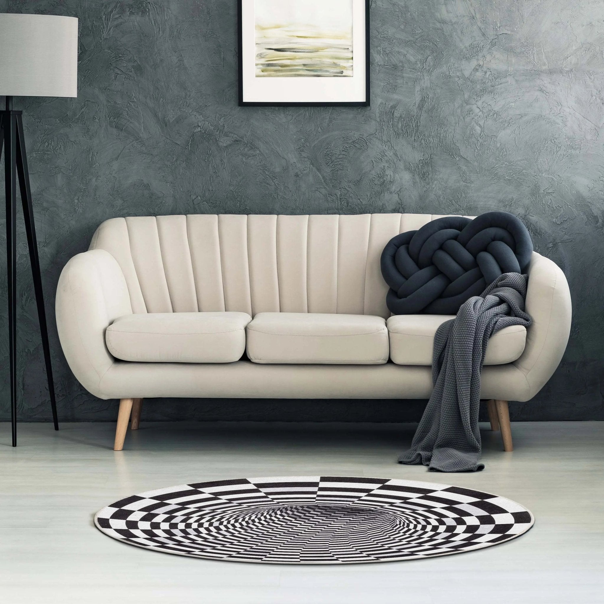 Vortex 3D Bottomless Hole Black Ivory Area Flat-Weave Rug Well Woven