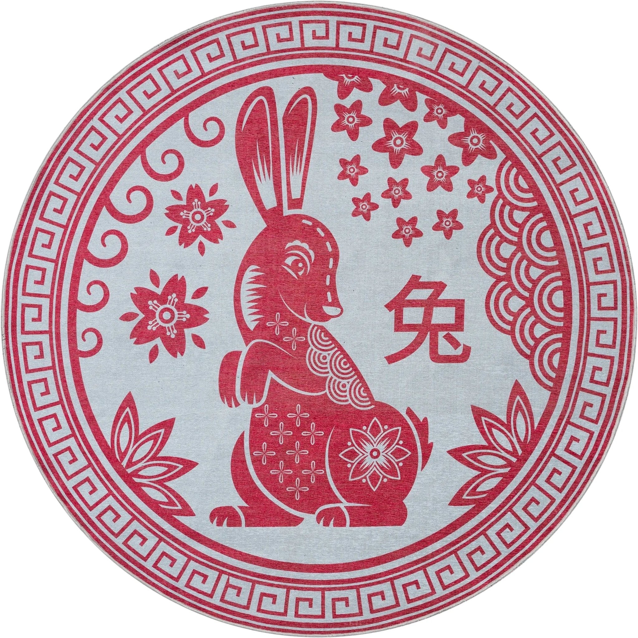 Chinese Calendar Lunar Year of the Rabbit Red Flat-Weave Rug Well Woven