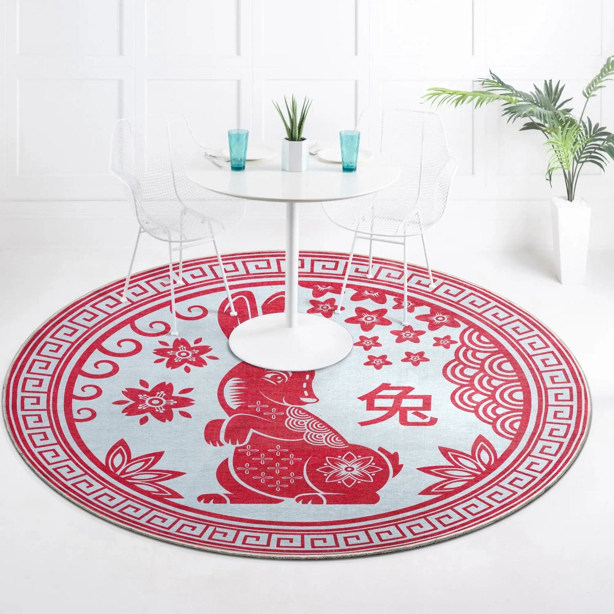 Chinese Calendar Lunar Year of the Rabbit Red Flat-Weave Rug Well Woven