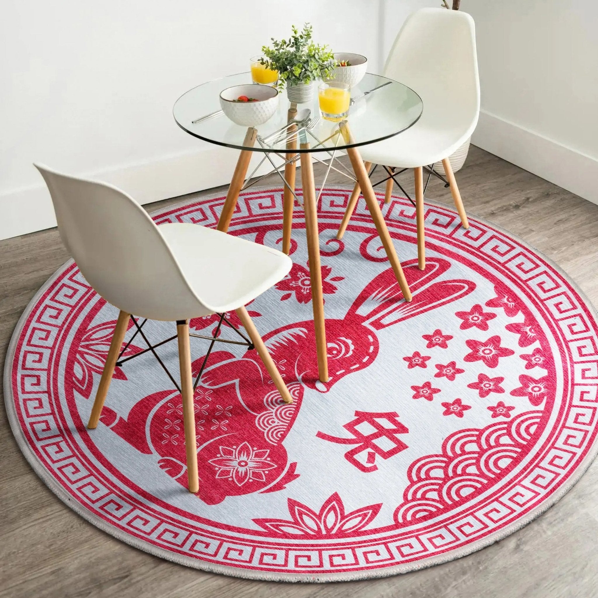 Chinese Calendar Lunar Year of the Rabbit Red Flat-Weave Rug Well Woven