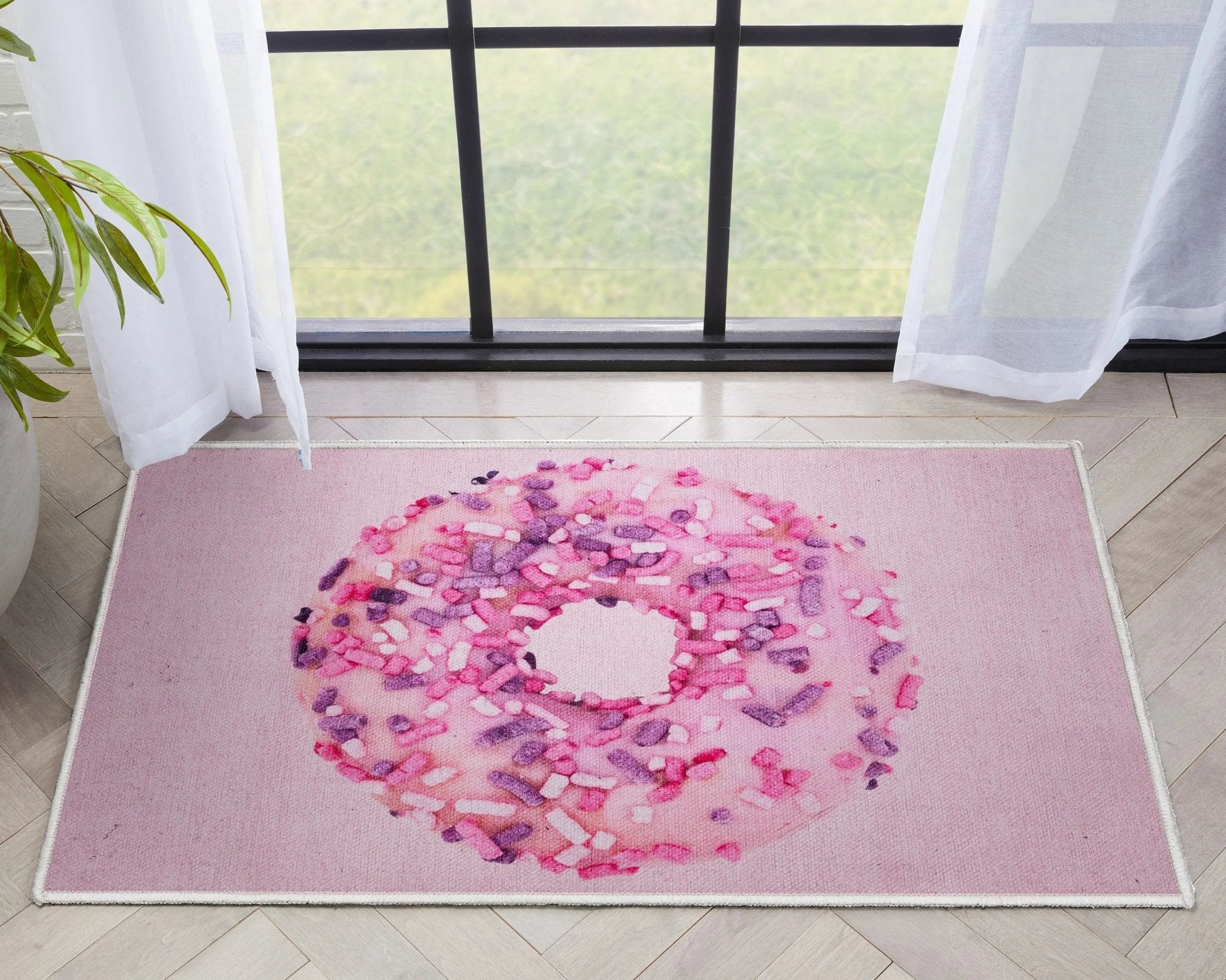 Pink Sprinkles Donut Novelty Pink Flat-Weave Rug Well Woven